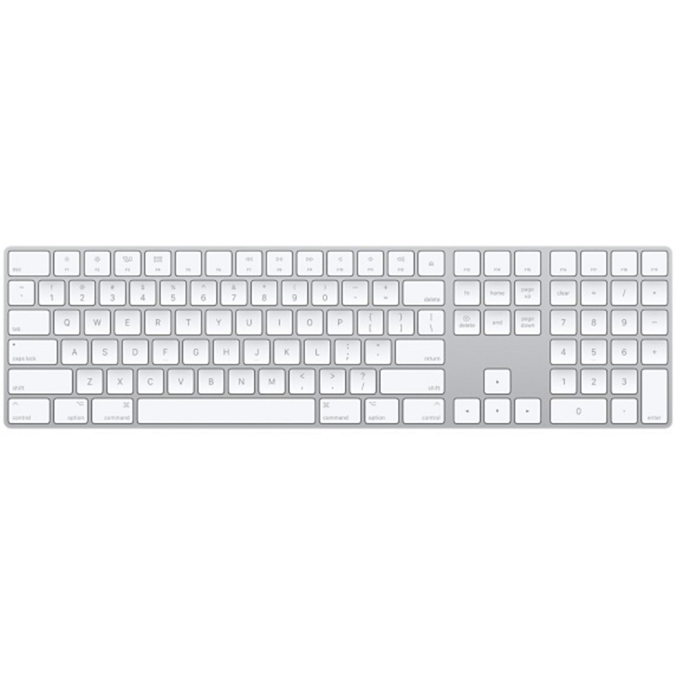 Silberne Tastatur mit weißen Tasten. Buchstaben, Zahlen und Symbole. Marke Apple.