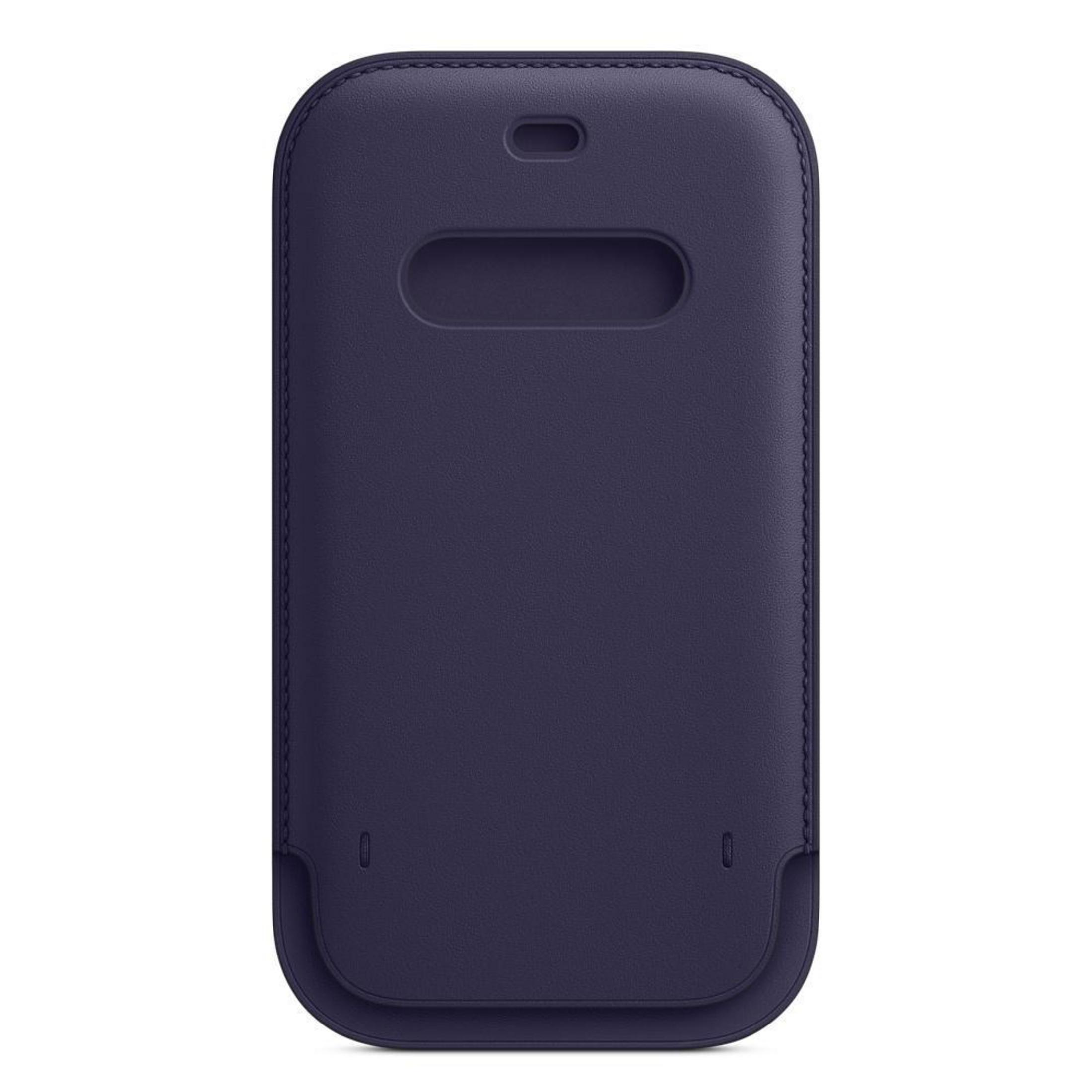 Custodia in pelle blu scuro per iPhone con ritaglio per la fotocamera e bordo cucito.