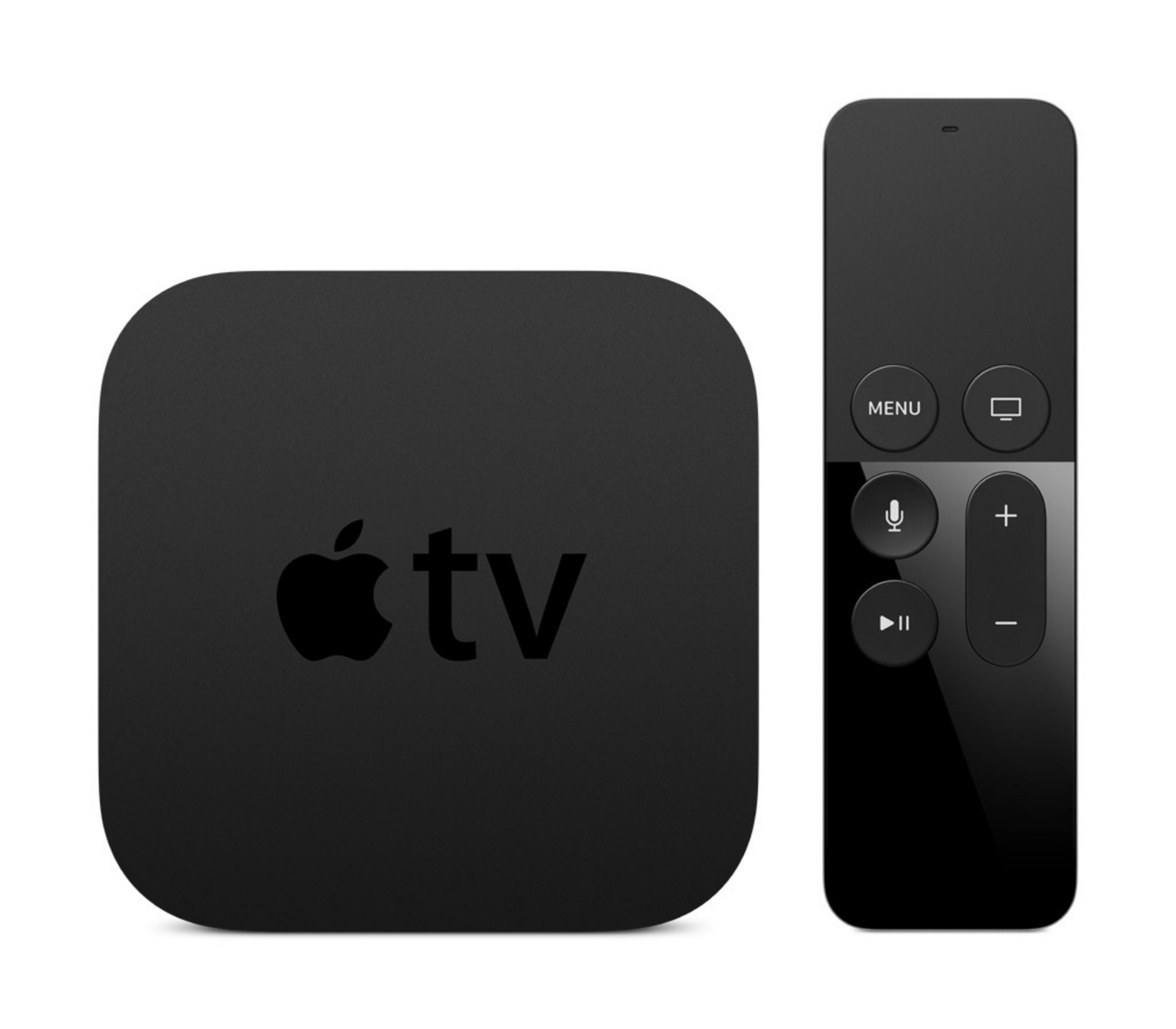 Schwarze Apple TV Box und Fernbedienung auf weißem Hintergrund. Die Box hat das Apple-Logo; die Fernbedienung hat Tasten.