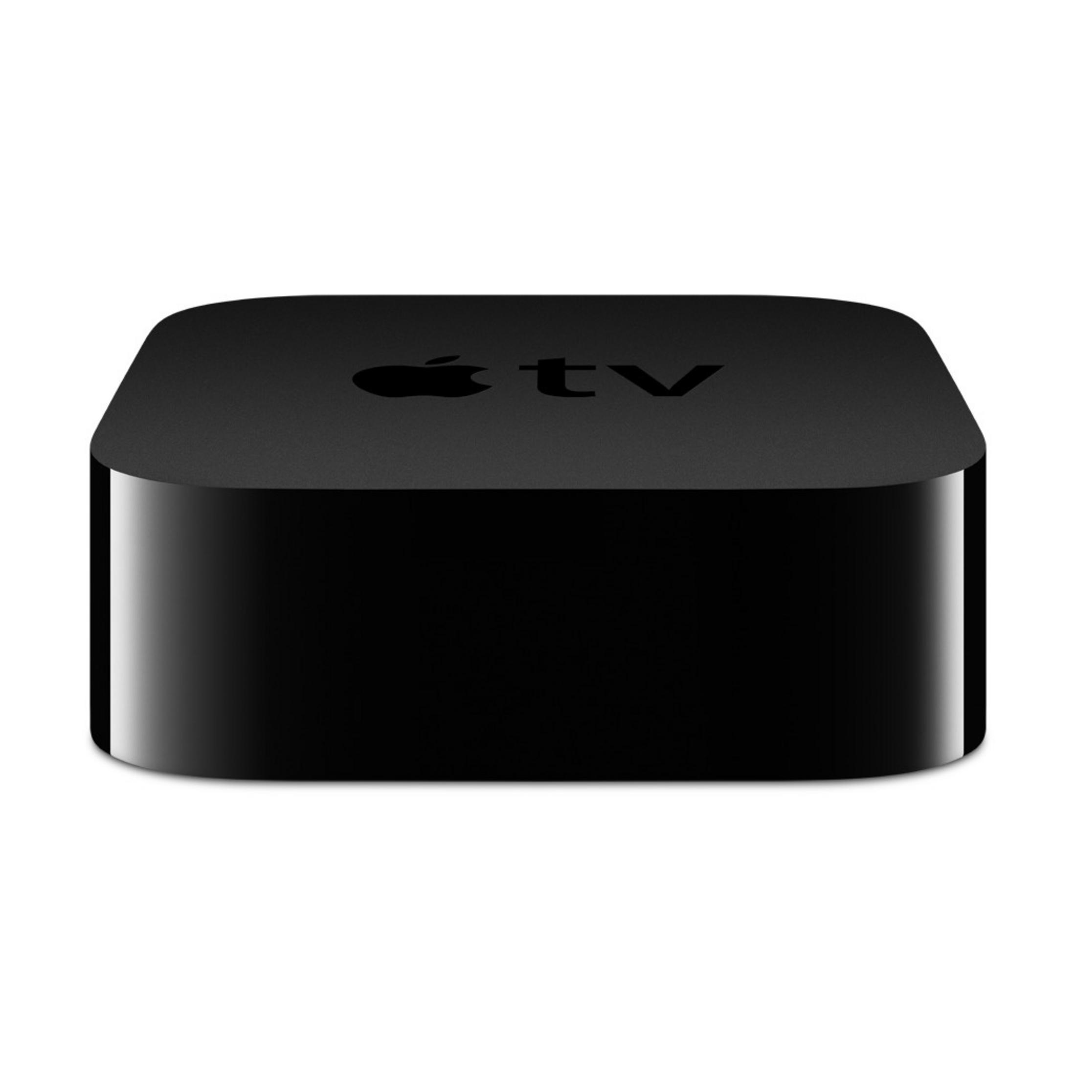 Eine schwarze Apple TV Box, mit dem Apple Logo oben.