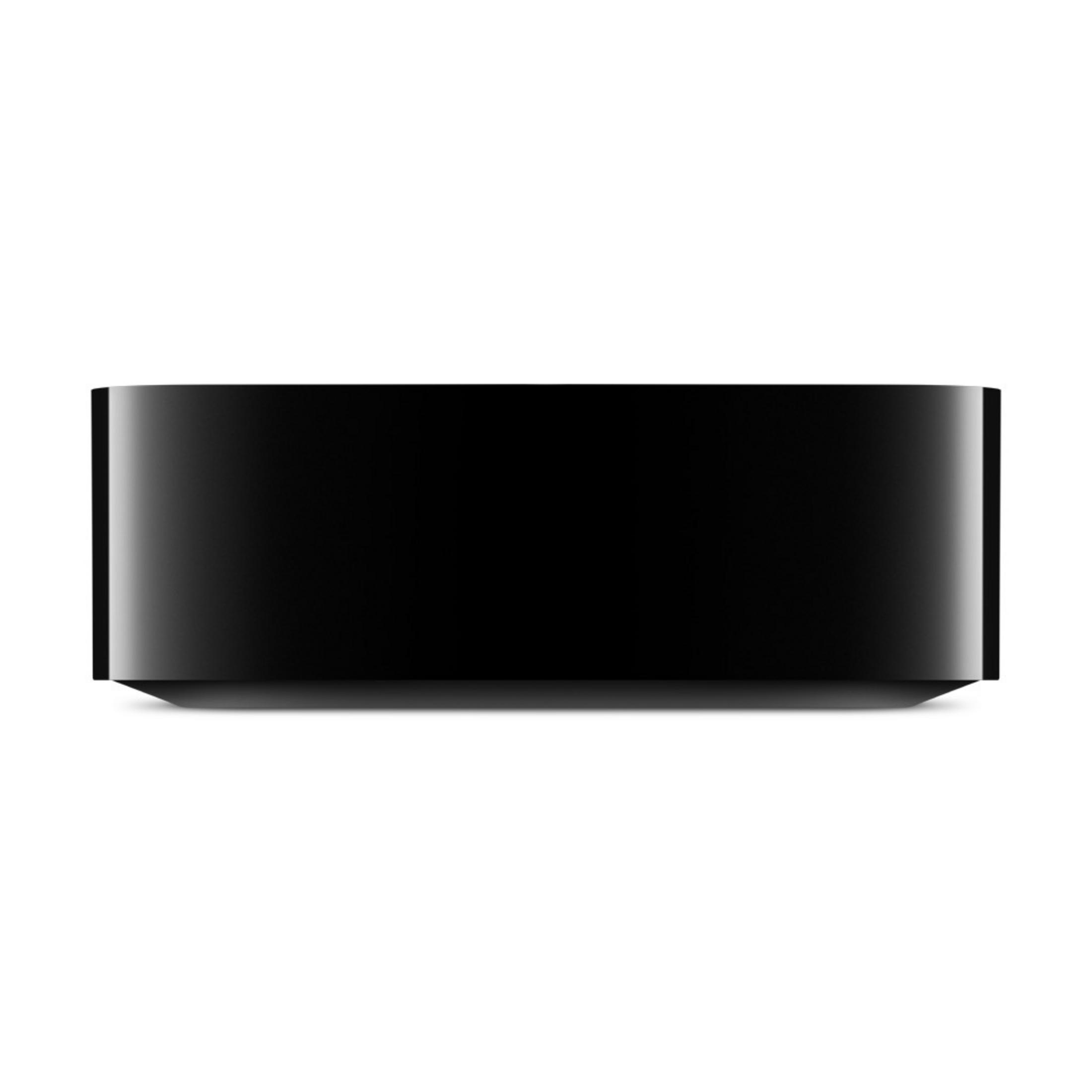 Ein schwarzes Apple TV-Gerät, glänzendes Finish, minimalistisches Design.