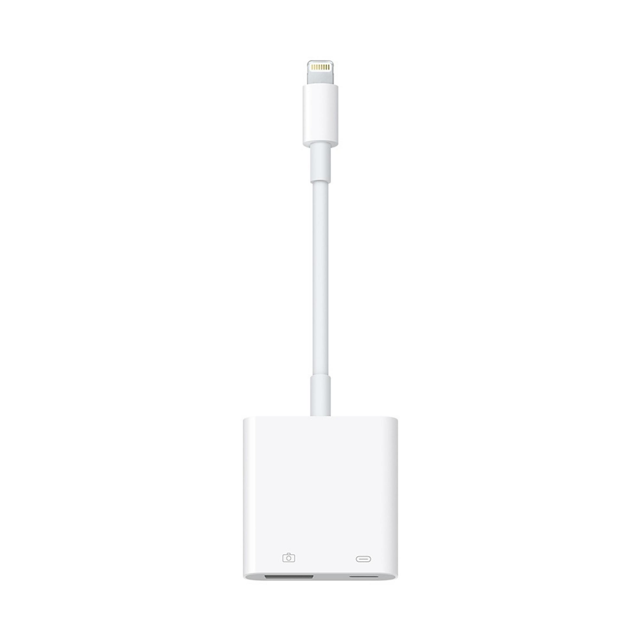 Weißer Apple Kameraadapter. Mit Lightning-Anschluss, Kamera- und USB-Steckplätzen.