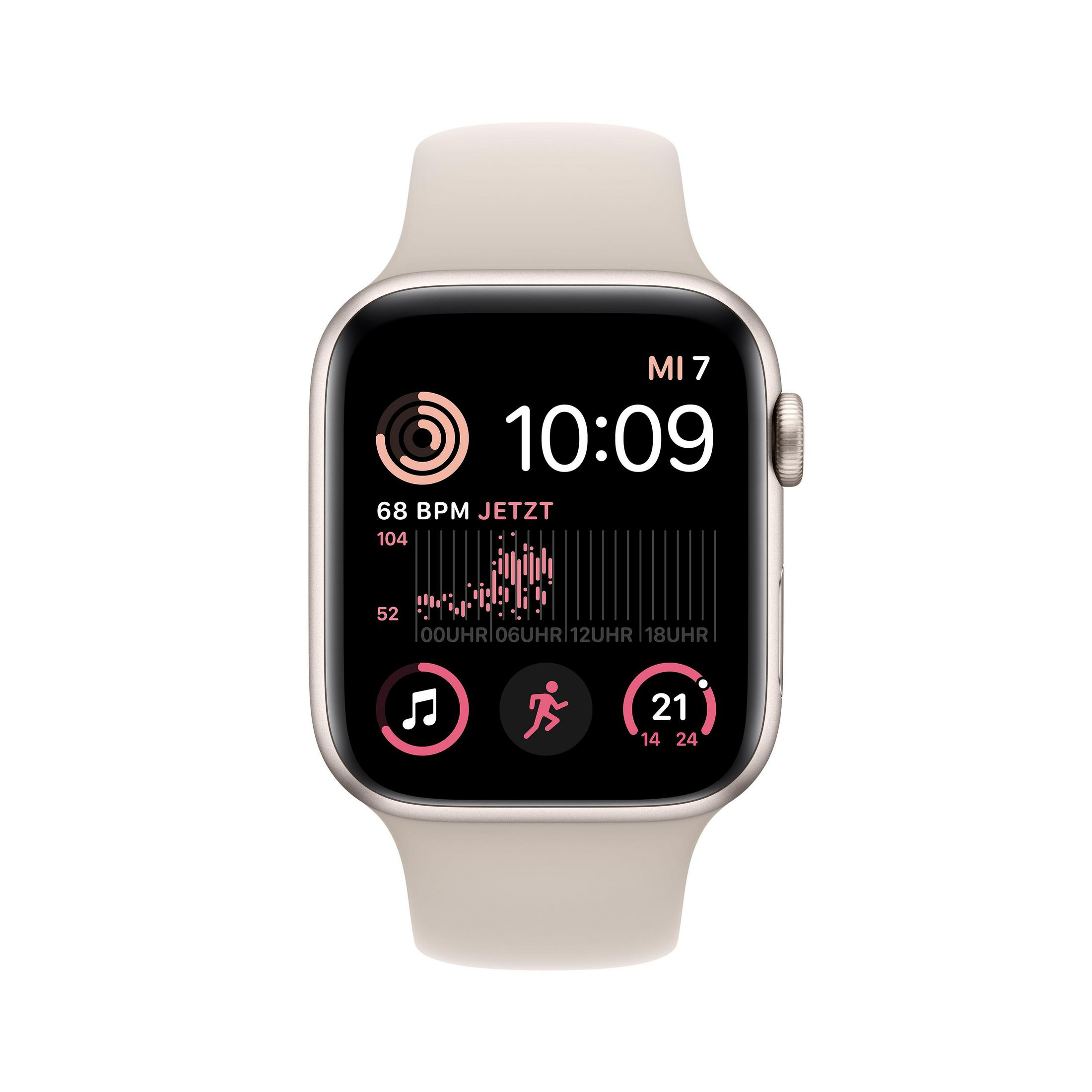 Een smartwatch met een bruine band. Het scherm toont de tijd, hartslag en andere statistieken.