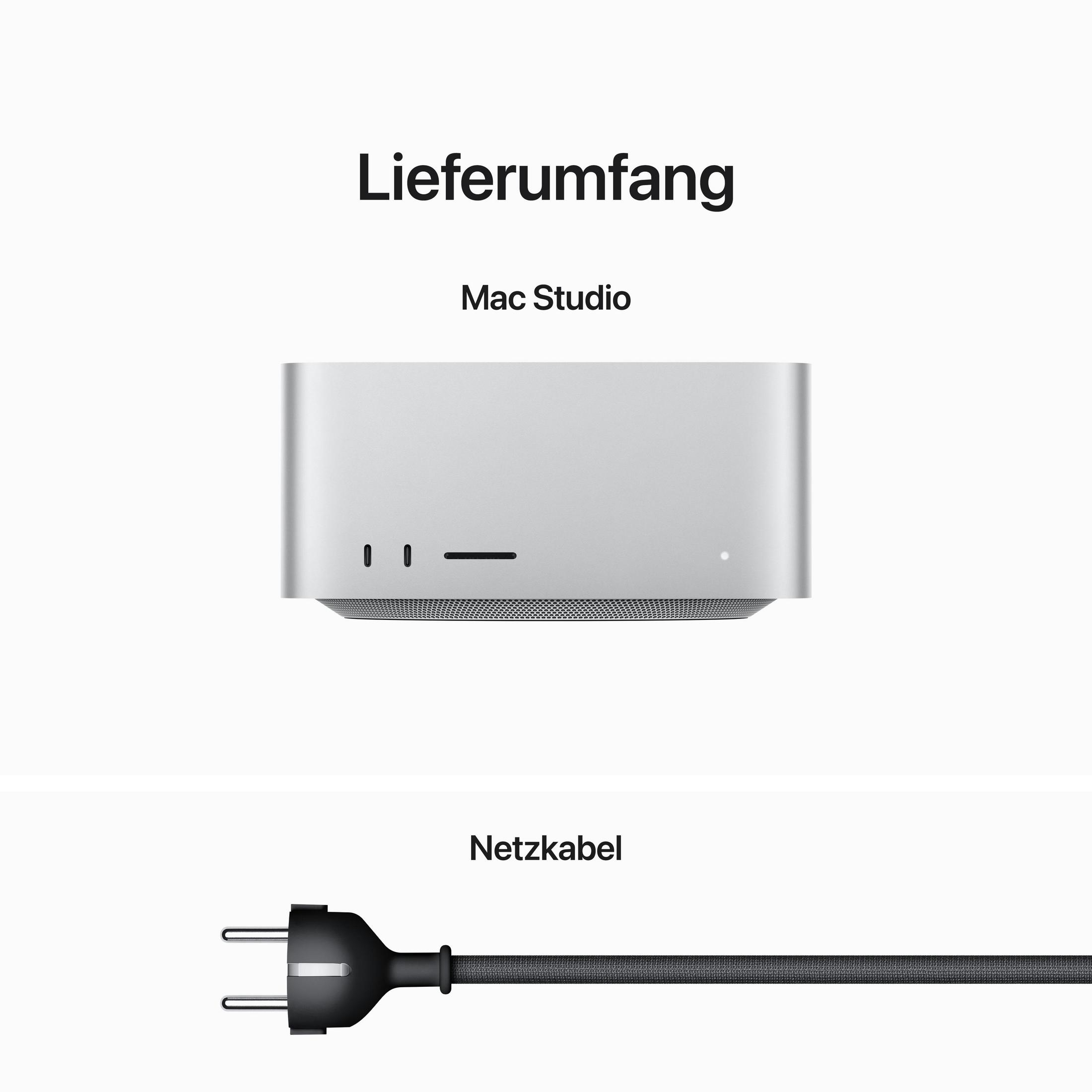 Mac Studio i kabel zasilający. Srebrne urządzenie. Czarny kabel. Białe tło. Prosty, nowoczesny design.