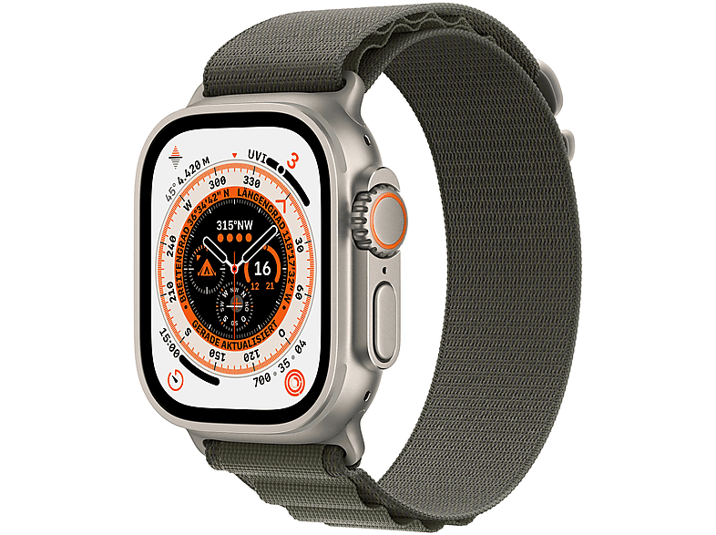 APPLE ULTRA GPS+CEL 49TITANIUM W GREEN ALPINE Smartwatch Titan Gewebe, 130-160 mm, Armband: Grün, Gehäuse: Titan