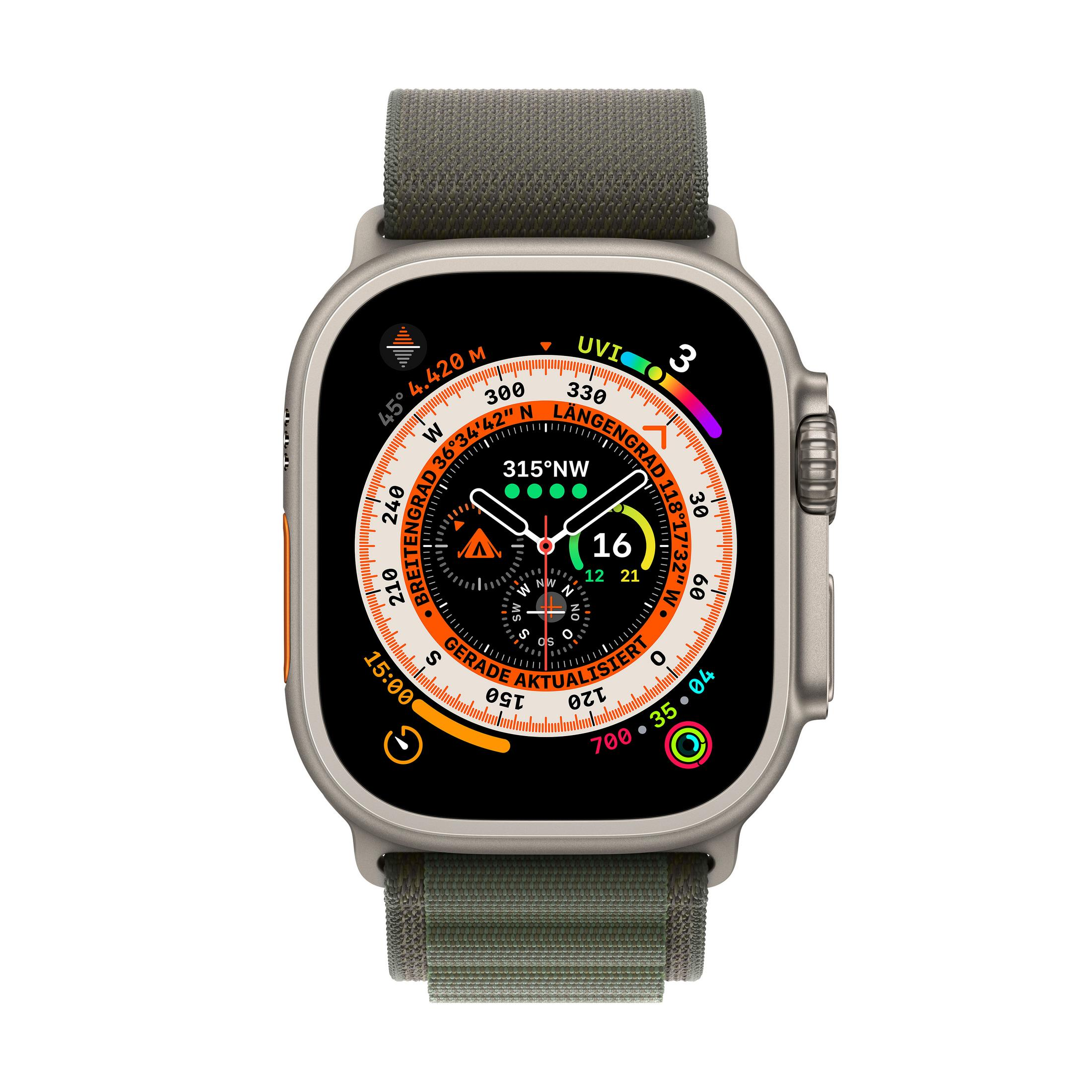 Eine Apple Watch Ultra mit grünem Armband. Das Zifferblatt zeigt Kompass und Daten.