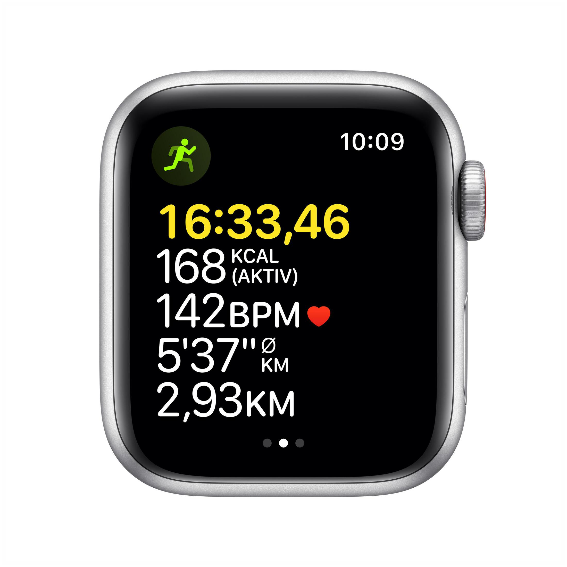 Una pantalla de Apple Watch que muestra datos de entrenamiento, con tiempo y estadísticas.