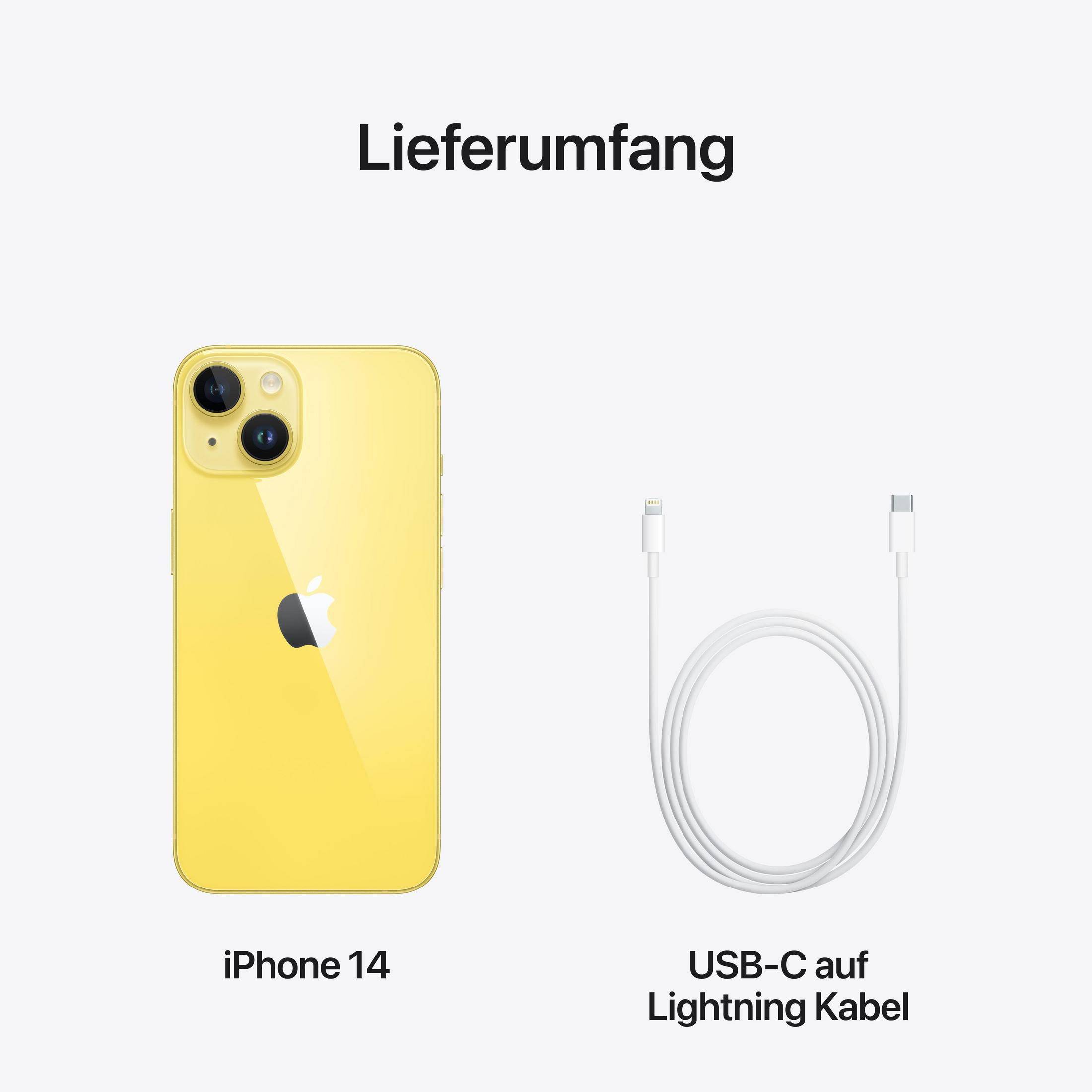 Żółty iPhone 14 i biały kabel USB-C do Lightning na jasnym tle.