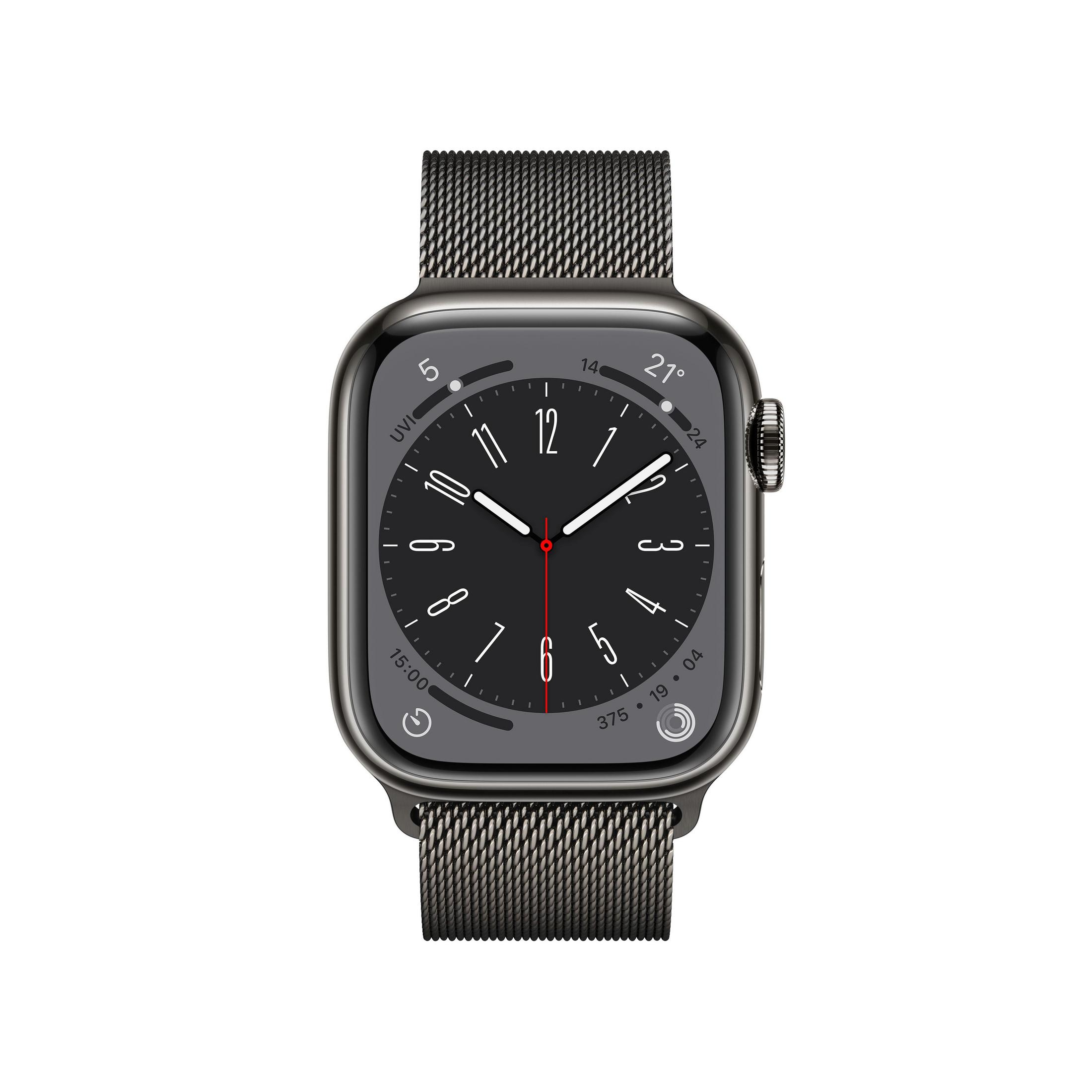 Schwarze Apple Watch mit schwarzem Armband. Weißer Hintergrund.