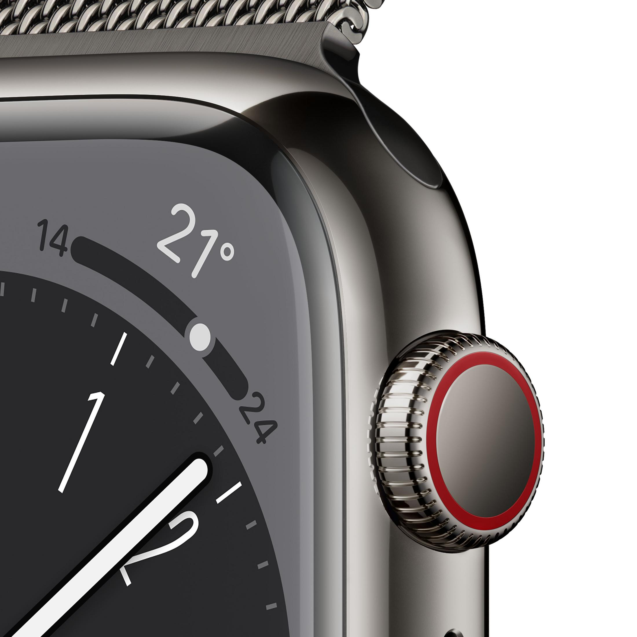 Nahaufnahme einer Smartwatch mit Zeit, Temperatur und der digitalen Krone.