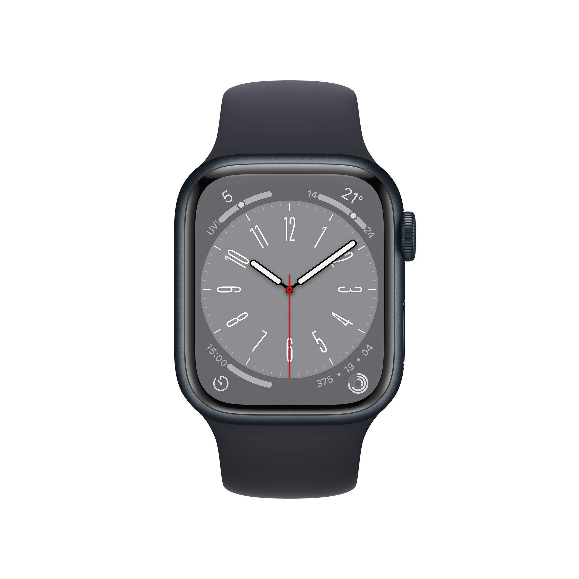 Apple Watch Series 8 in Dunkelblau. Die Uhr zeigt Zeit und Datum an.