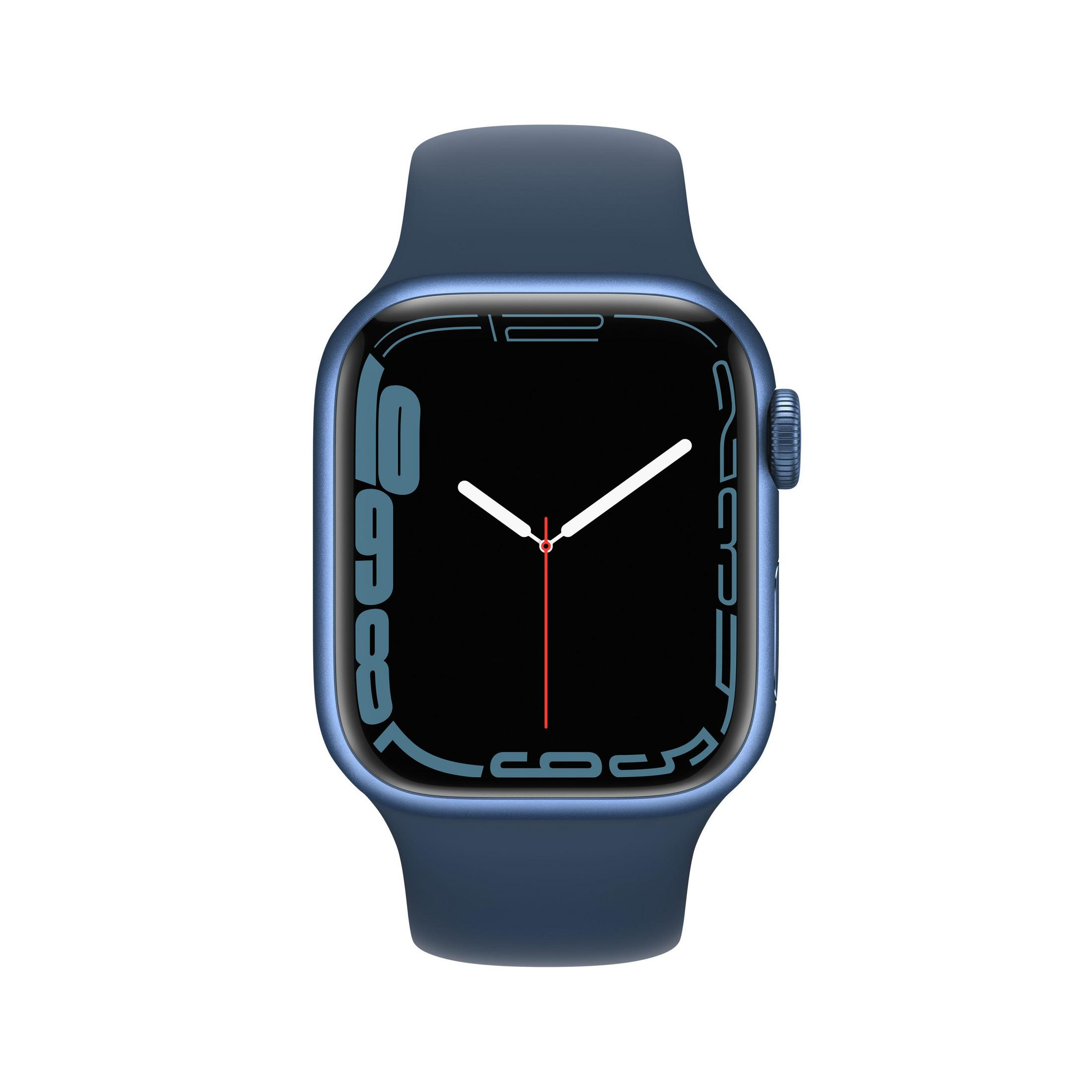 Blaue Apple Watch mit blauem Armband. Das Zifferblatt hat einen schwarzen Bildschirm und weiße Zeiger.