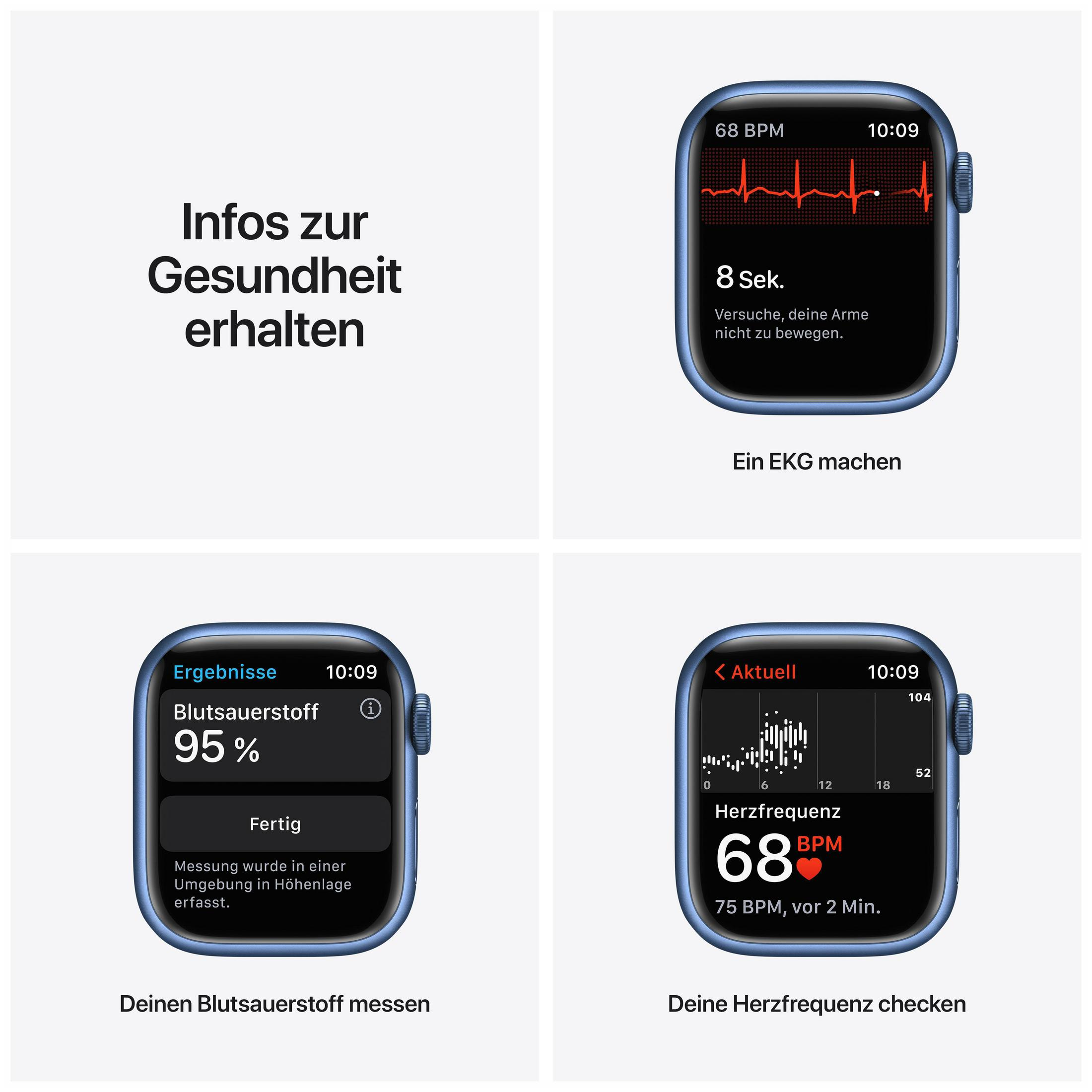 Vier Bilder, die Gesundheitsdaten auf einer blauen Apple Watch zeigen.