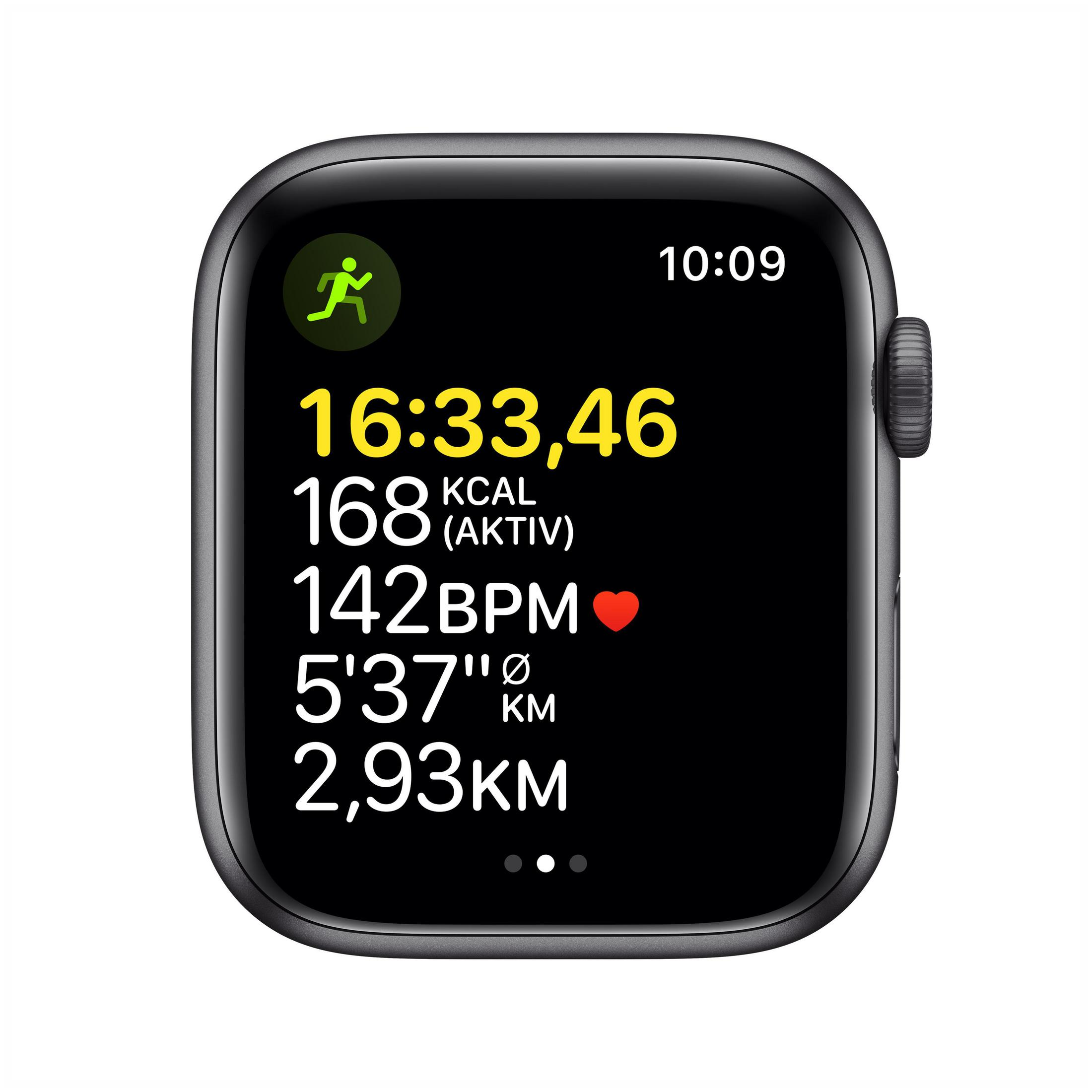 Smartwatch-Bildschirm mit Aktivitätsdaten: Zeit, Kalorien, BPM und zurückgelegte Strecke.