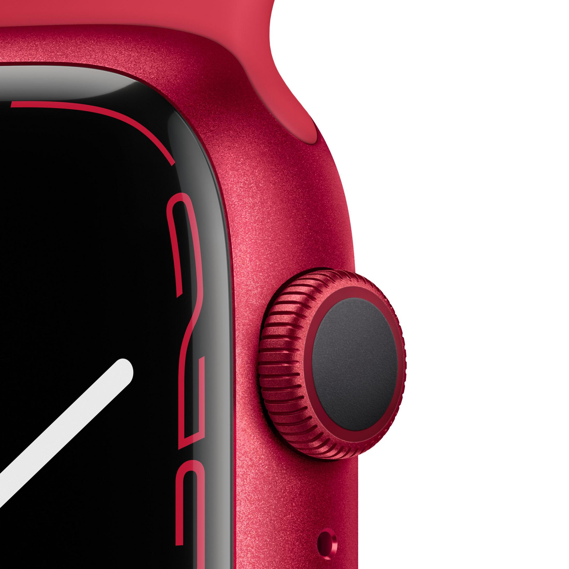 Nahaufnahme einer roten Apple Watch mit schwarzem Bildschirm und rotem Knopf.