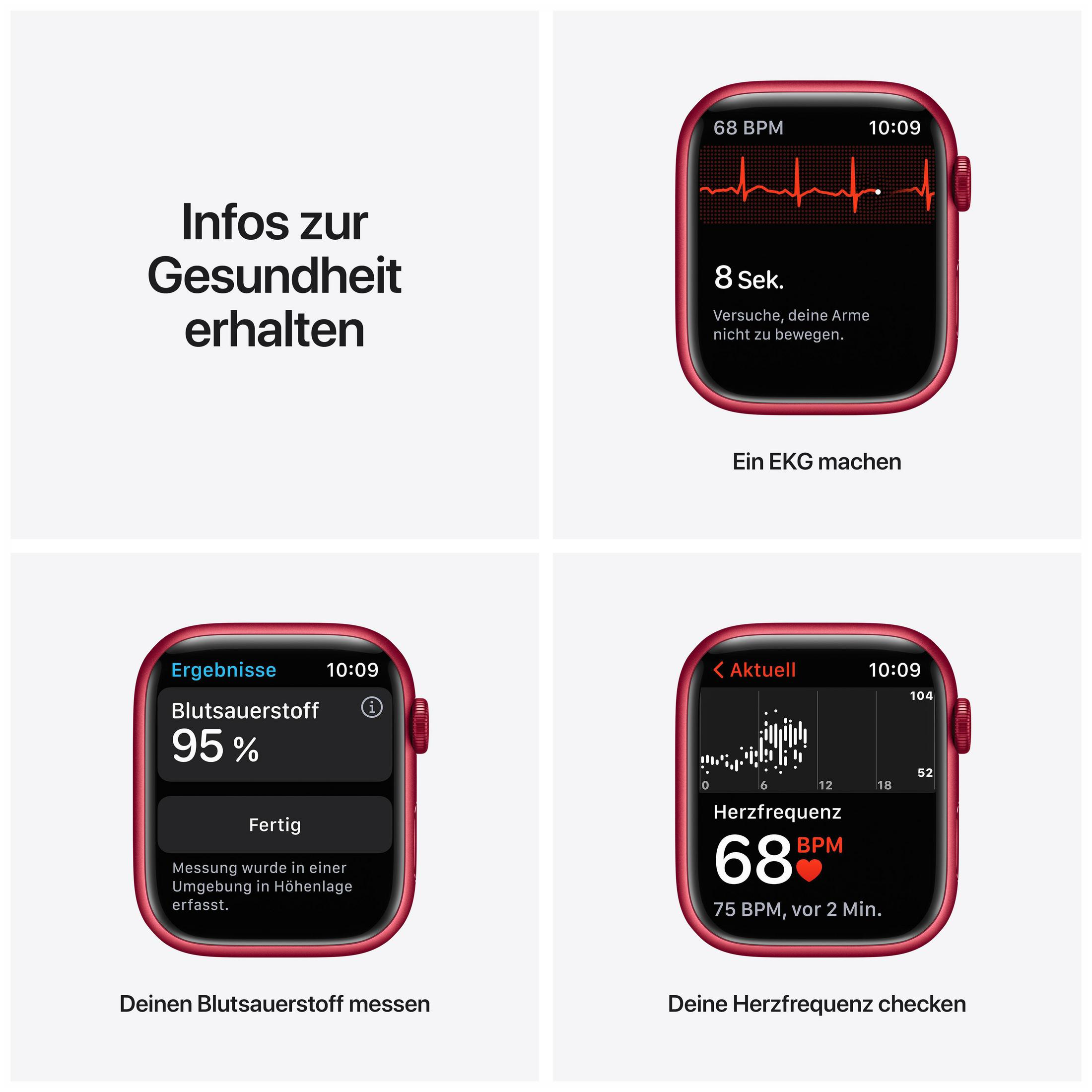 Vier Screenshots einer Apple Watch Oberfläche. Sie zeigen Gesundheitsdaten und Optionen.