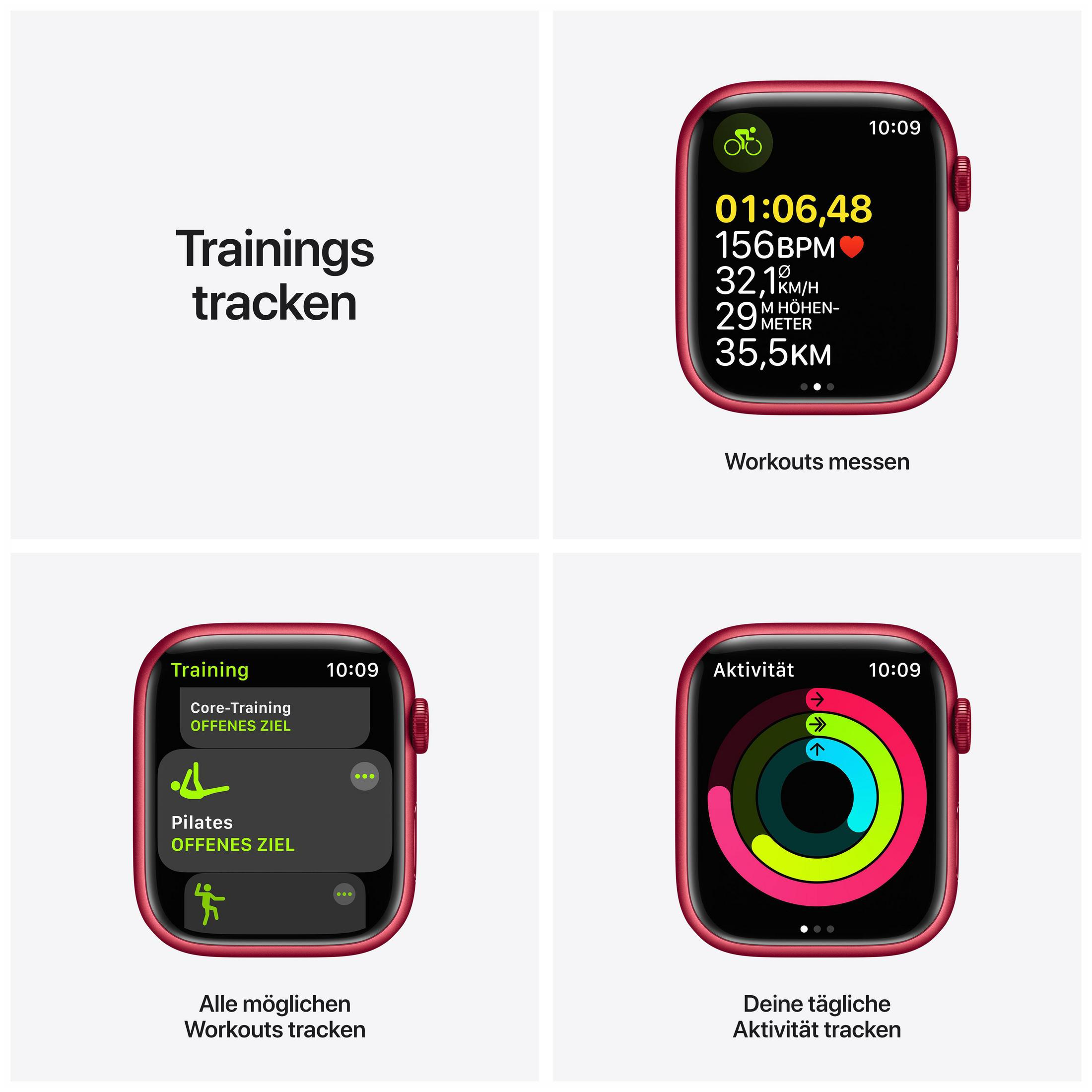 Apple Watch-Bildschirme zeigen Trainingsdaten und Trainingsoptionen.