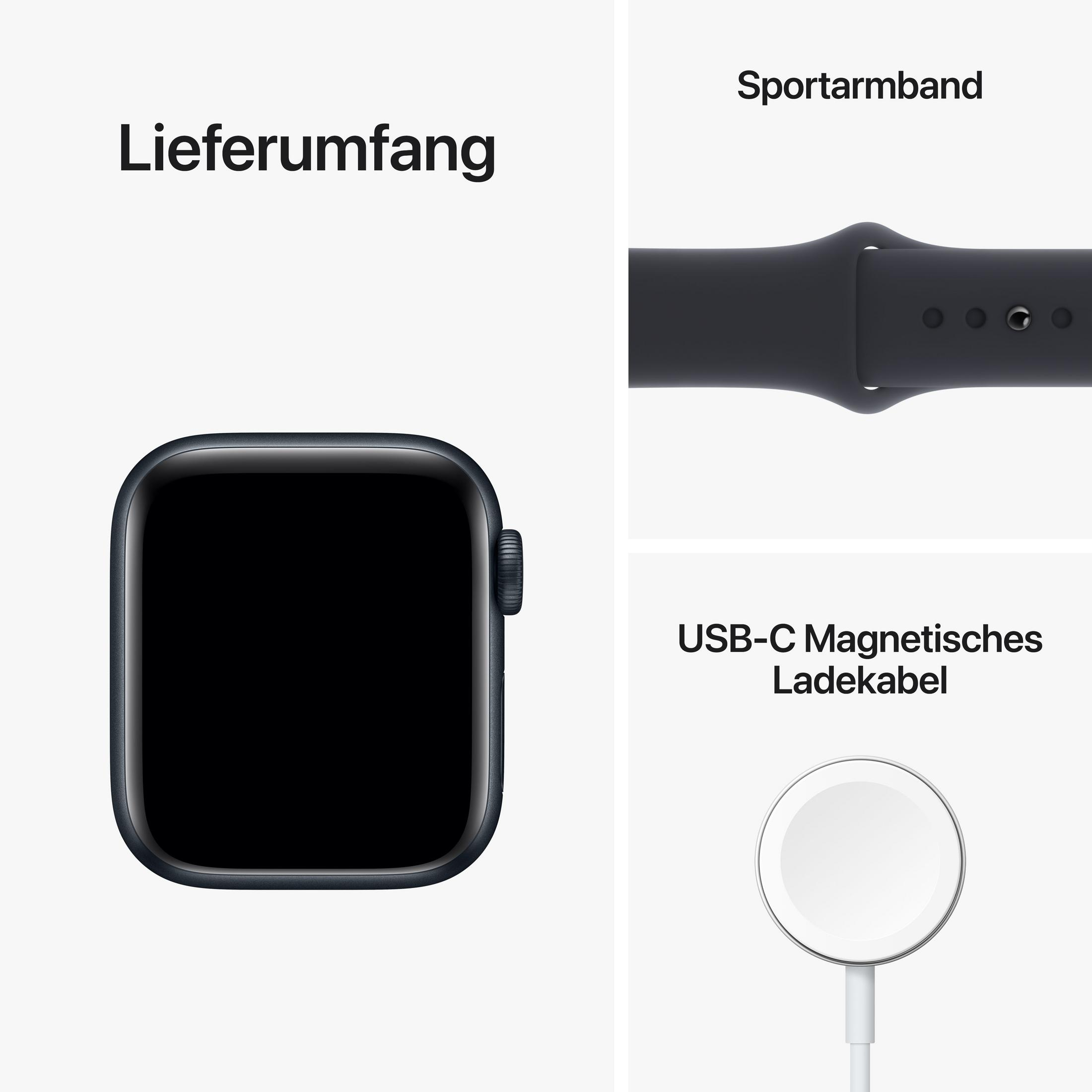 Apple Watch, bracelet sport et câble de chargement. Tous les articles sont gris foncé.