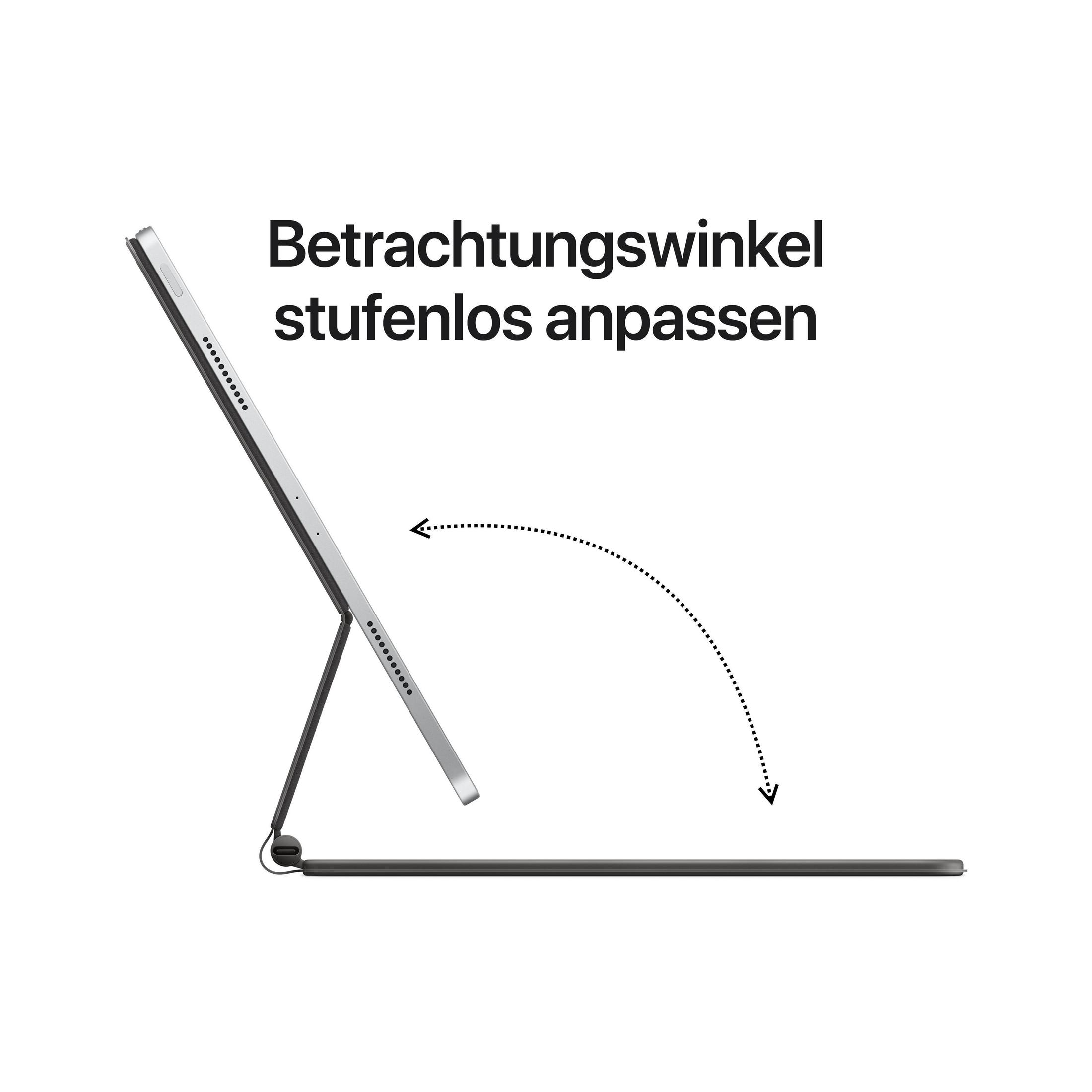 Ein Tablet, das auf einer schwarzen Tastaturhülle hochgeklappt ist. Text: 