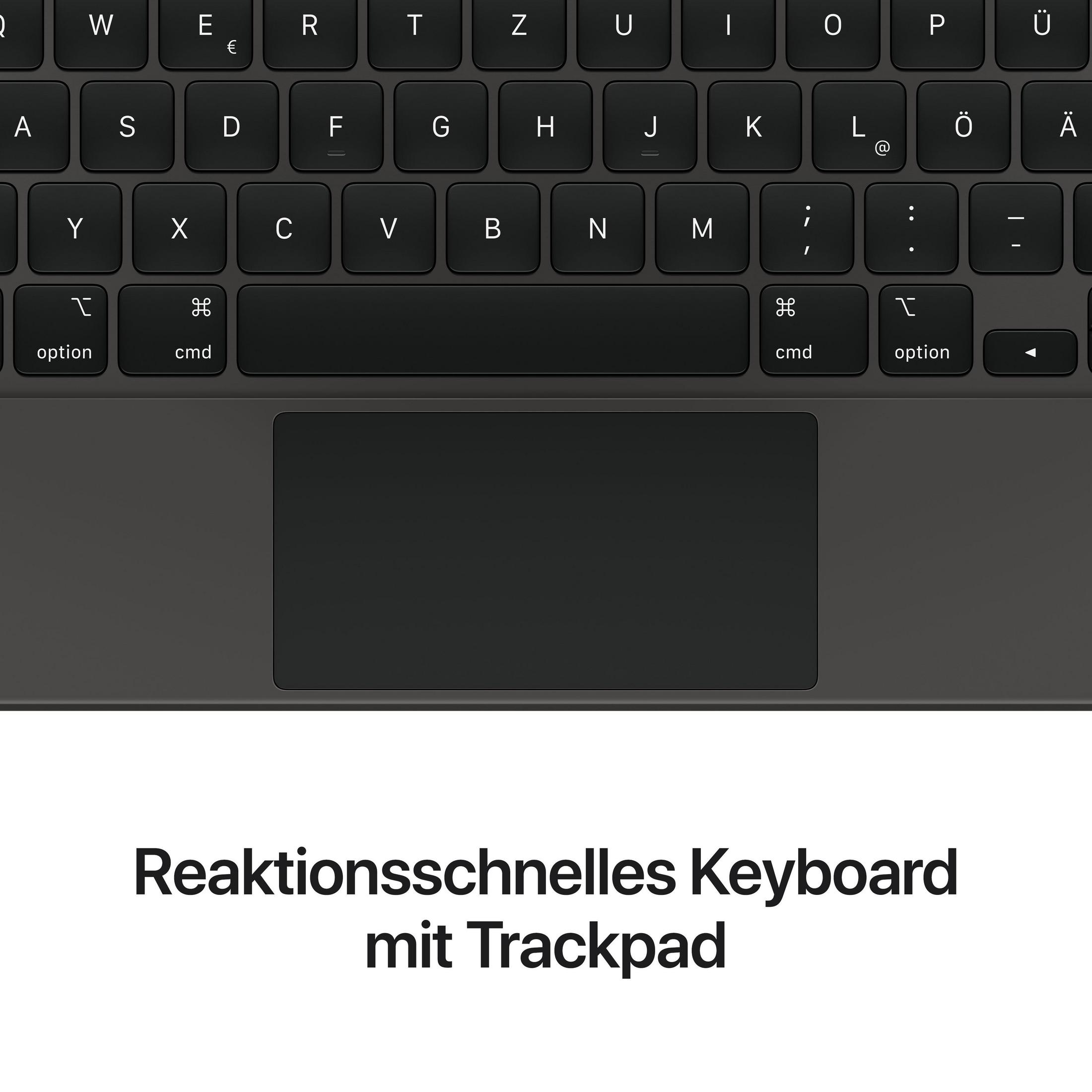 Nahaufnahme einer schwarzen Tastatur und eines Trackpads. Buchstaben, Zahlen und Symbole sind auf den Tasten sichtbar.