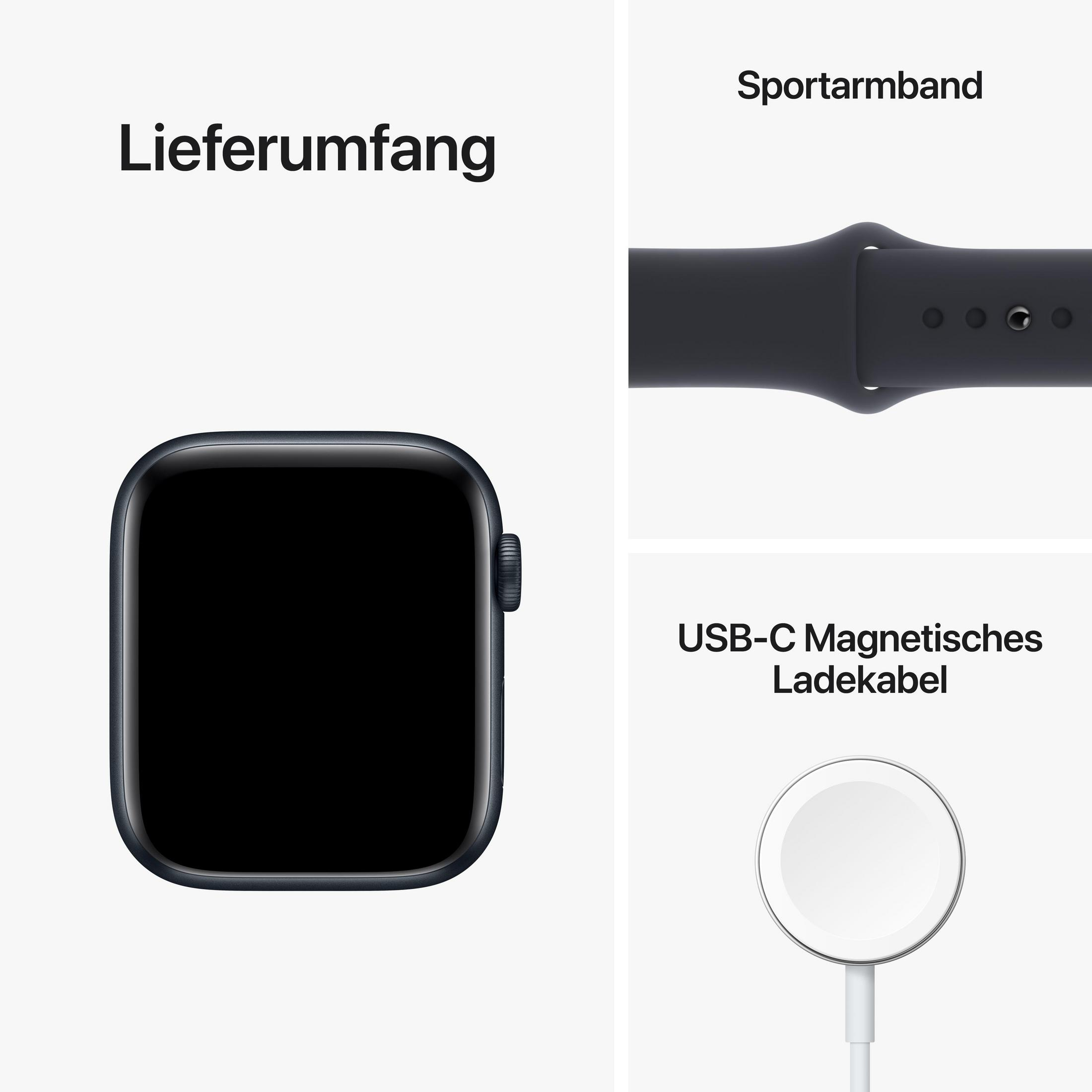 Apple Watch, schwarzer Bildschirm. Sportarmband und Ladekabel werden ebenfalls gezeigt.