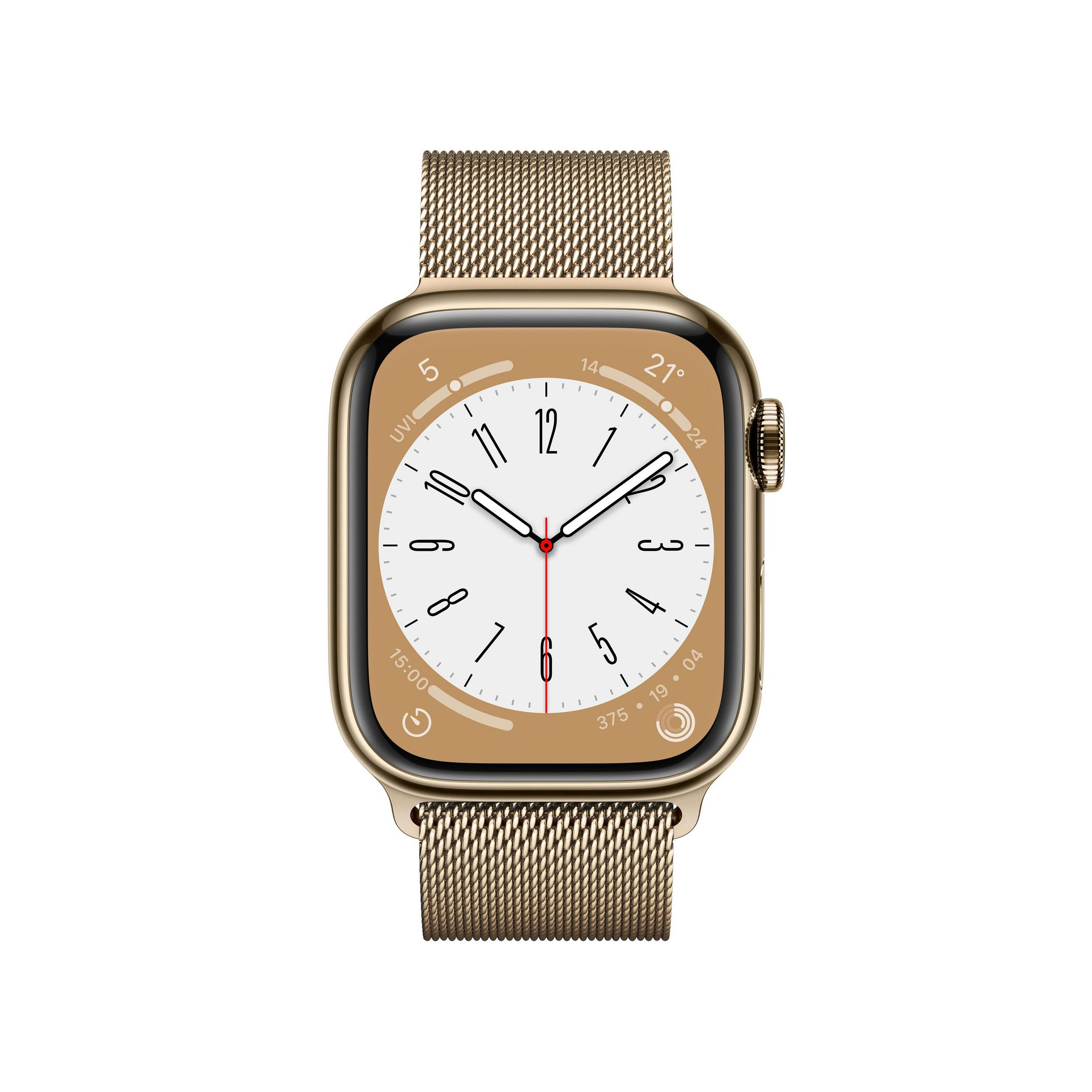 Apple Watch mit goldenem Gehäuse und goldenem Mesh-Armband, zeigt die Uhrzeit an.