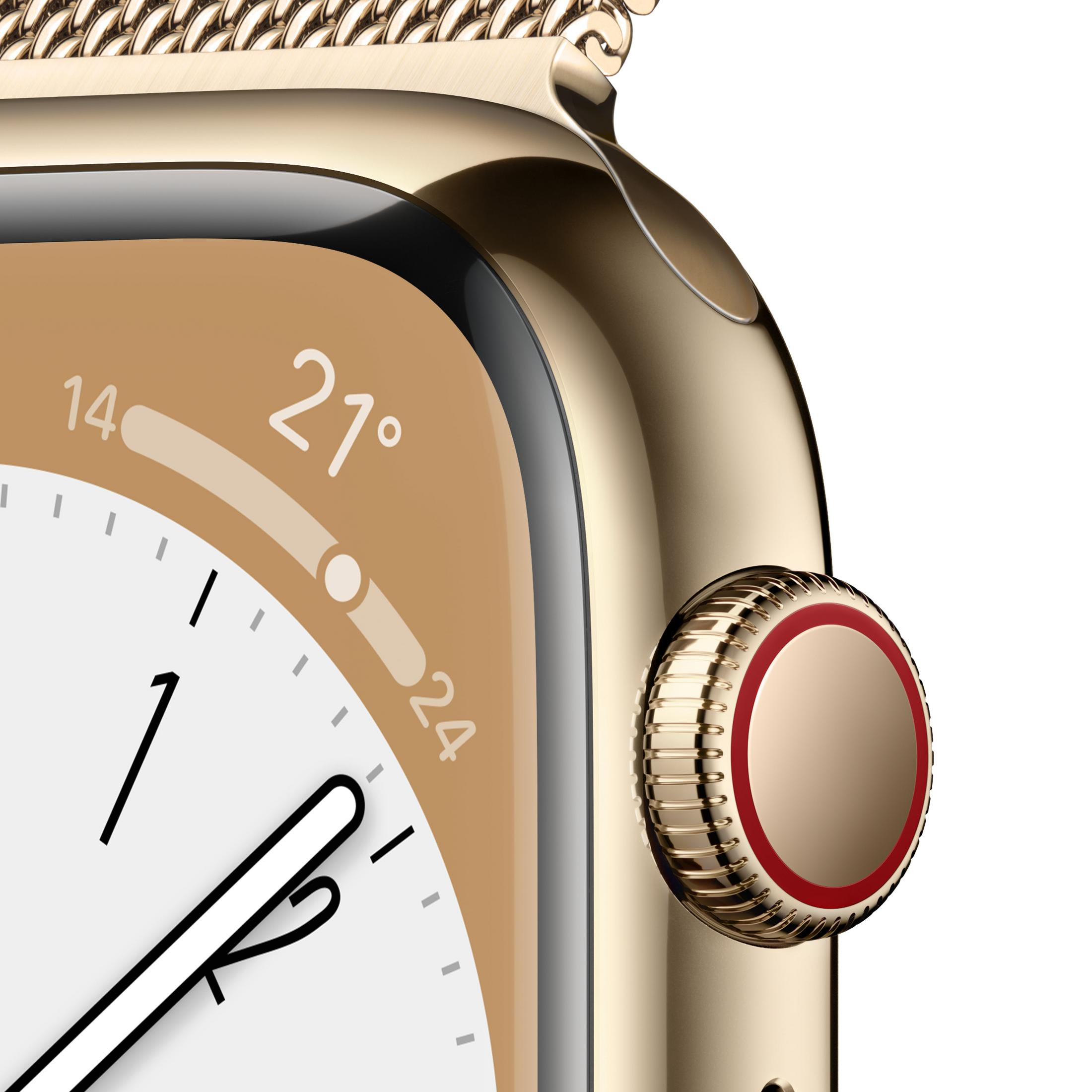 Nahaufnahme einer goldenen Apple Watch. Zeigt Zeit und Temperatur. Detail des goldenen Armbands.