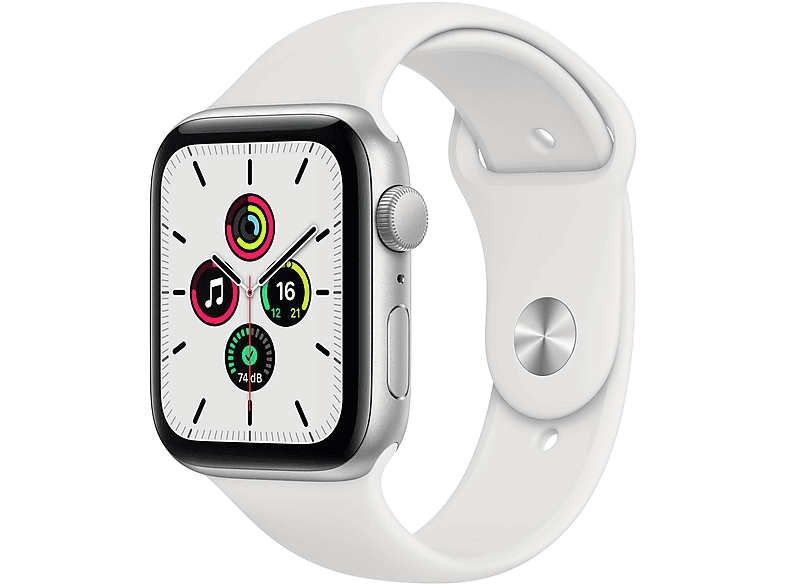APPLE SE GPS 44 SILVER ALU WHITE SPORT Smartwatch Aluminium Fluorelastomer, 140 -220 mm, Silber/Weiß