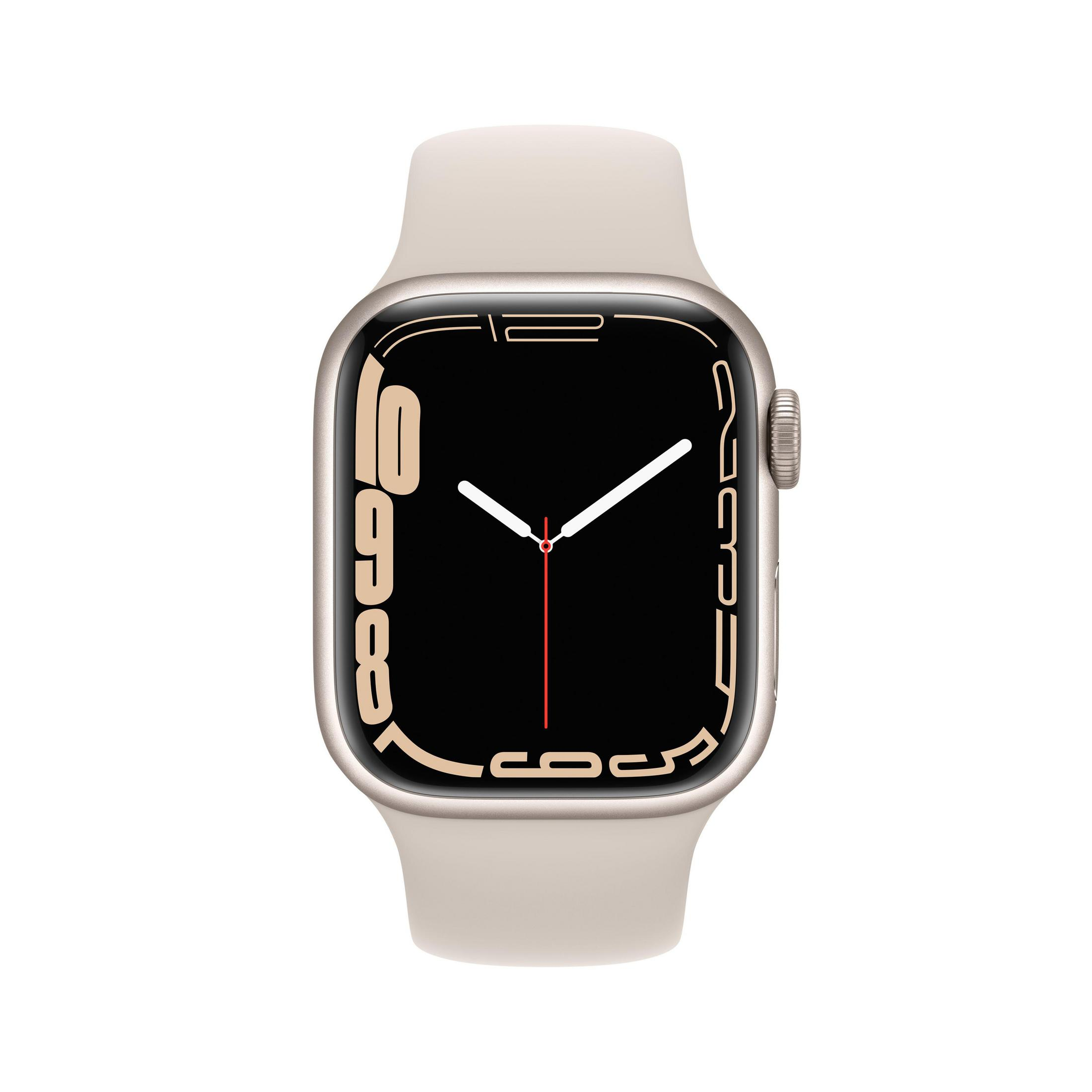 Apple Watch Series 7, Vorderansicht. Silbernes Gehäuse, beiges Armband. Digitalanzeige mit der Uhrzeit.