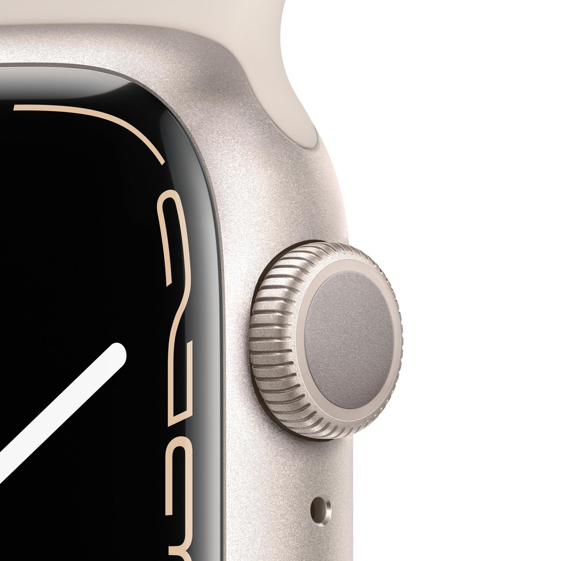 Nahaufnahme einer Smartwatch mit Seitenknopf und einem Teil des Zifferblatts sichtbar.