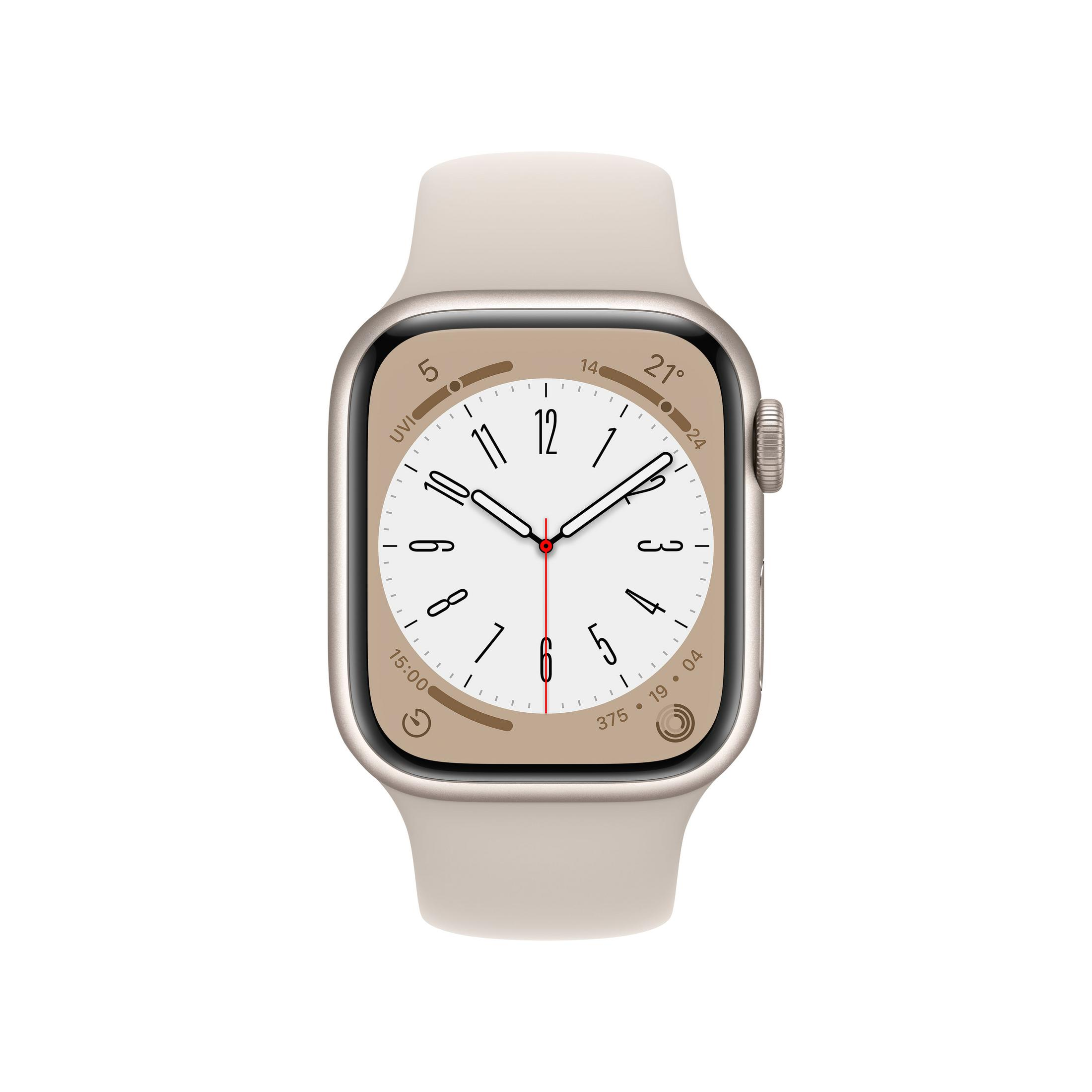 Apple Watch mit beigem Armband, zeigt Zifferblatt mit Zeigern und Zahlen.