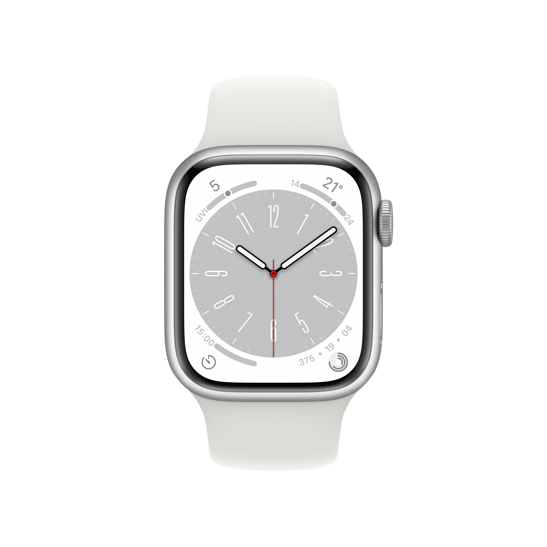 Silberne Apple Watch mit weißem Armband, auf weißem Hintergrund.
