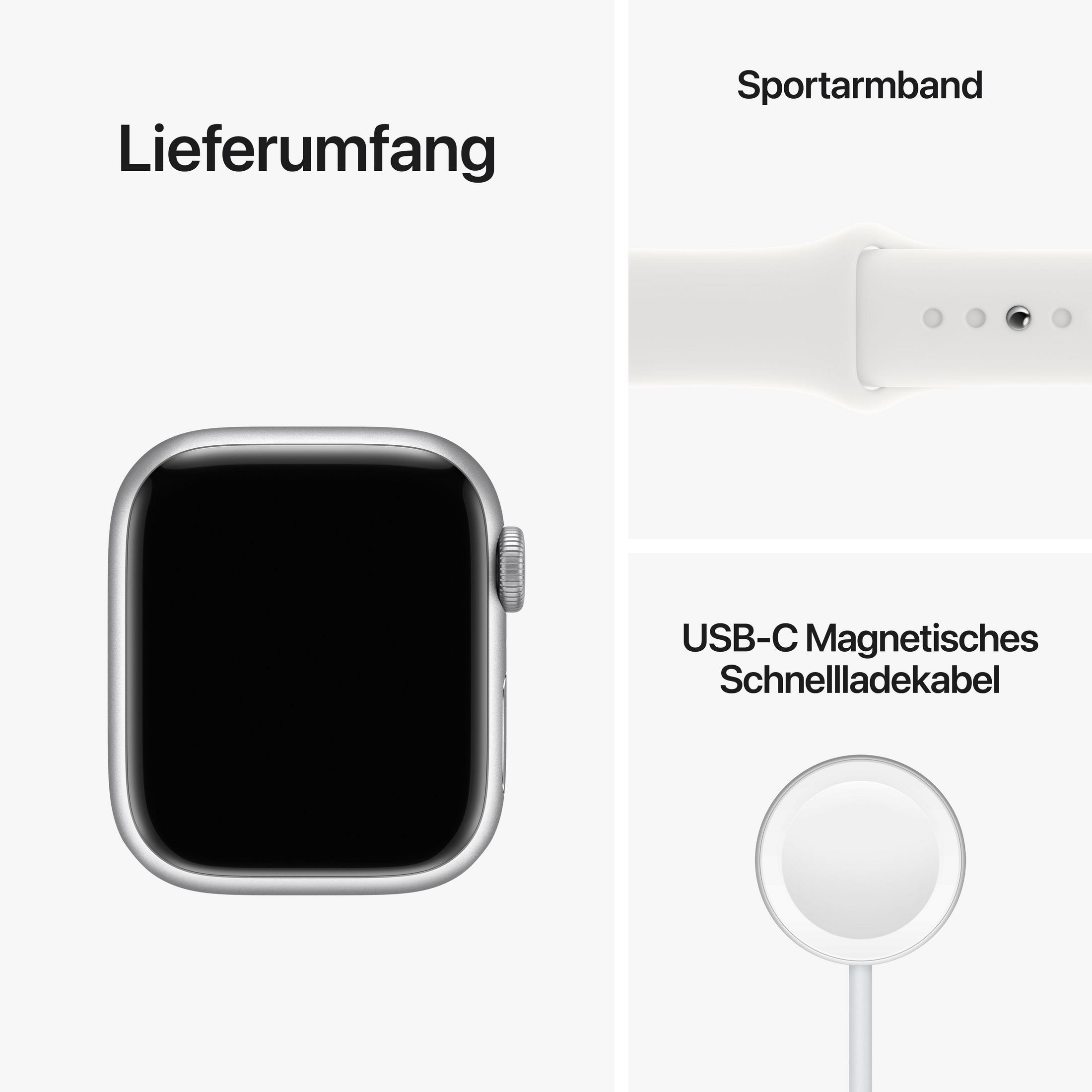 Apple Watch Series 7 mit weißem Sportarmband, Ladekabel und Zifferblatt, auf weißem Hintergrund.