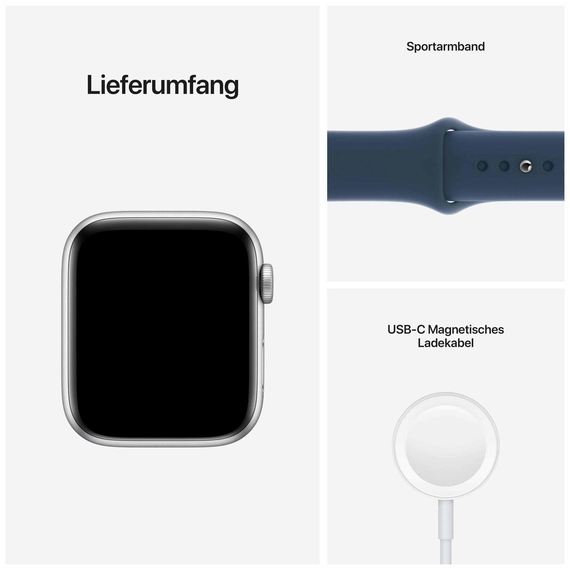 Apple Watch, ein Armband und ein Ladegerät. Alles auf weißem Hintergrund, mit Text.