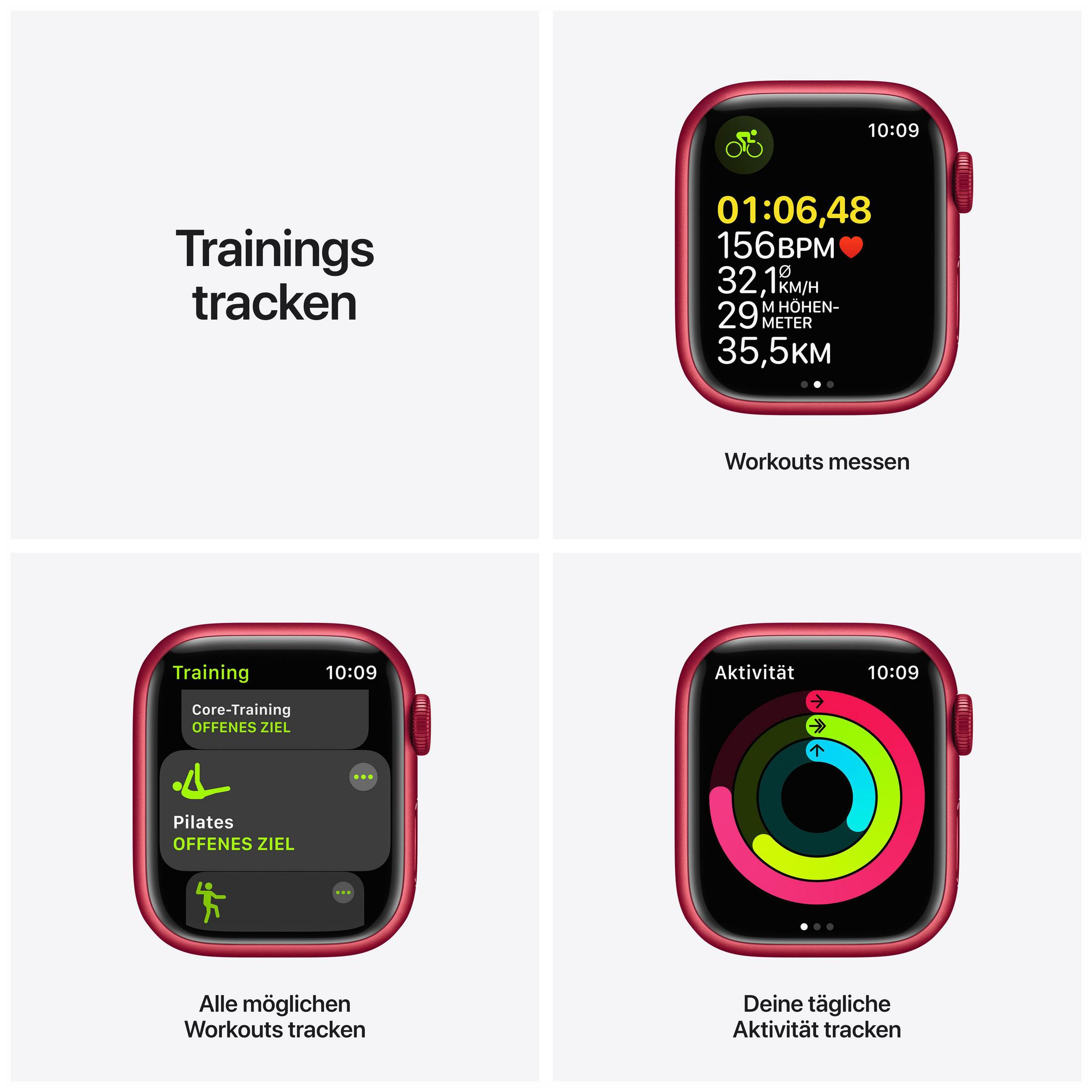 Eine Präsentation mit mehreren Bildern einer Apple Watch, die die Fitness-Tracking-Funktionen zeigt.