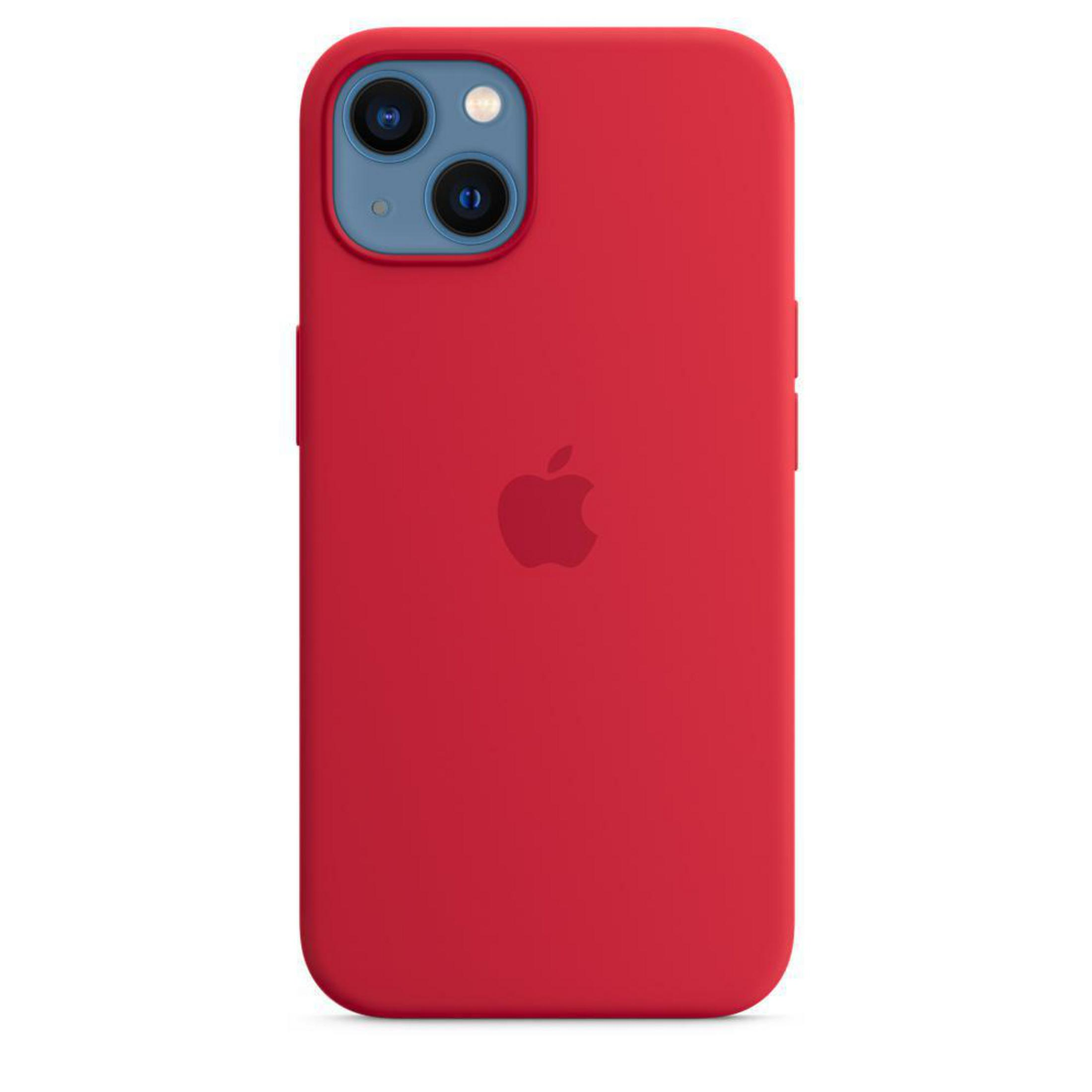 Rode telefoonhoes met het Apple-logo. Twee camera's. Rode hoes, witte achtergrond.