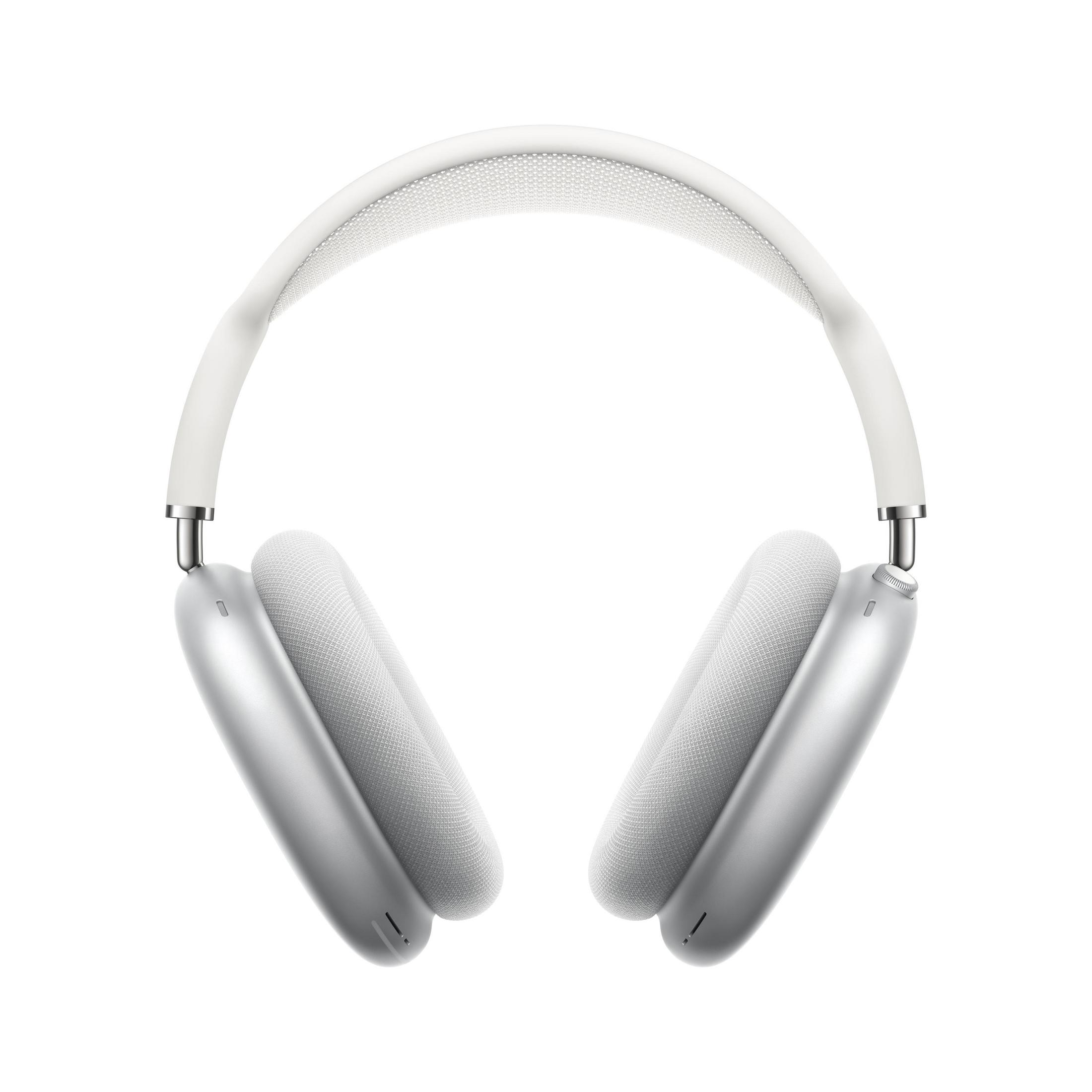 Weiße Apple AirPods Max Kopfhörer. Sie haben ein weißes Kopfband und hellgraue Ohrmuscheln.