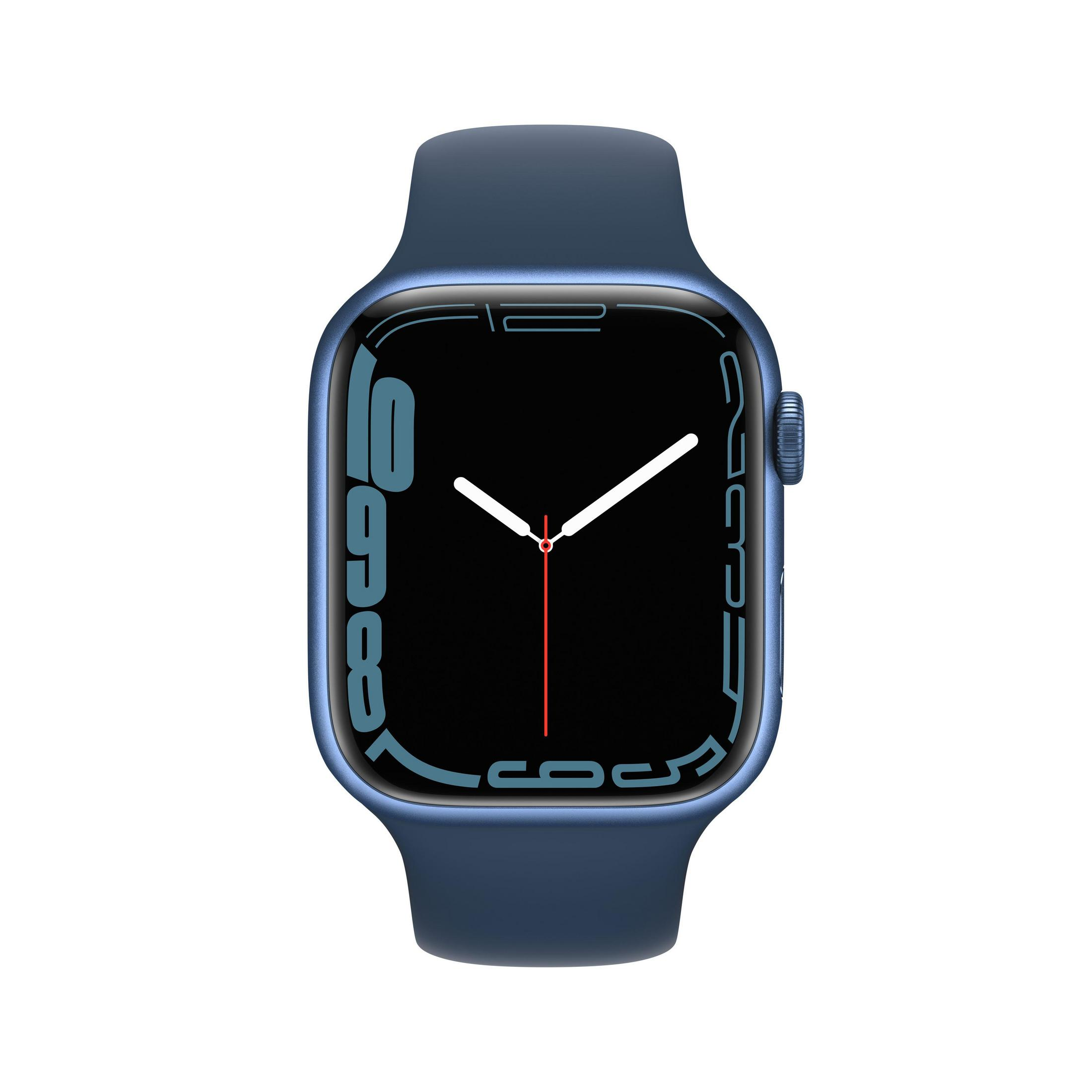 Blaue Apple Watch mit Zeitanzeige. Roter Punkt auf der Seitentaste.