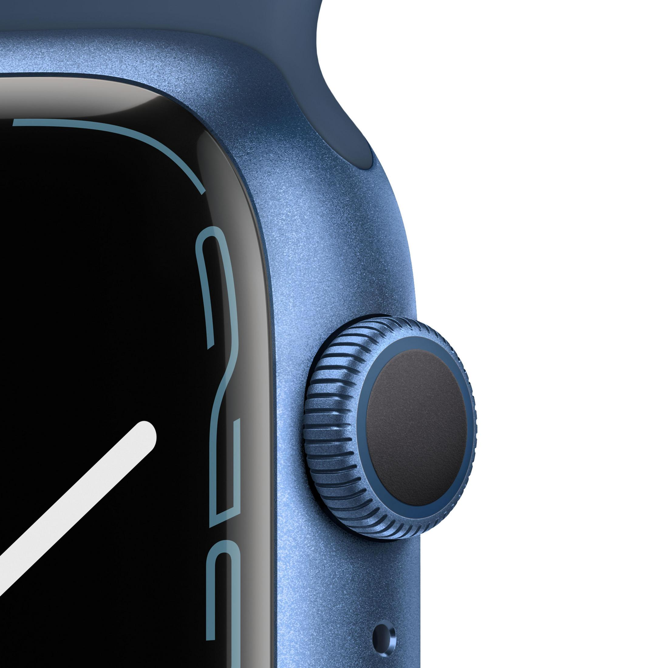 Nahaufnahme einer blauen Smartwatch mit Digitalanzeige und Taste.