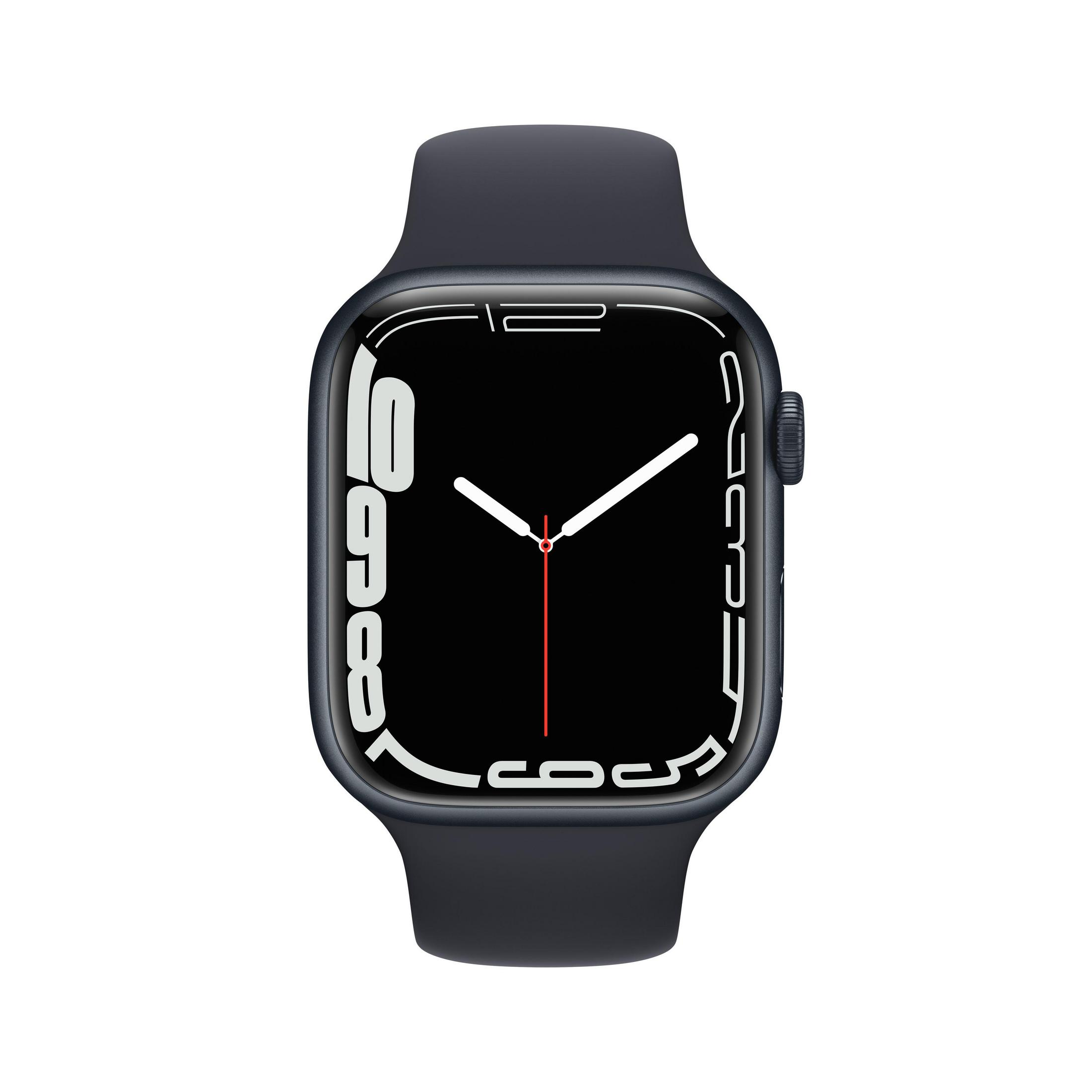 Eine schwarze Apple Watch mit schwarzem Armband. Der Bildschirm zeigt die Uhrzeit an. Der Hintergrund ist weiß.