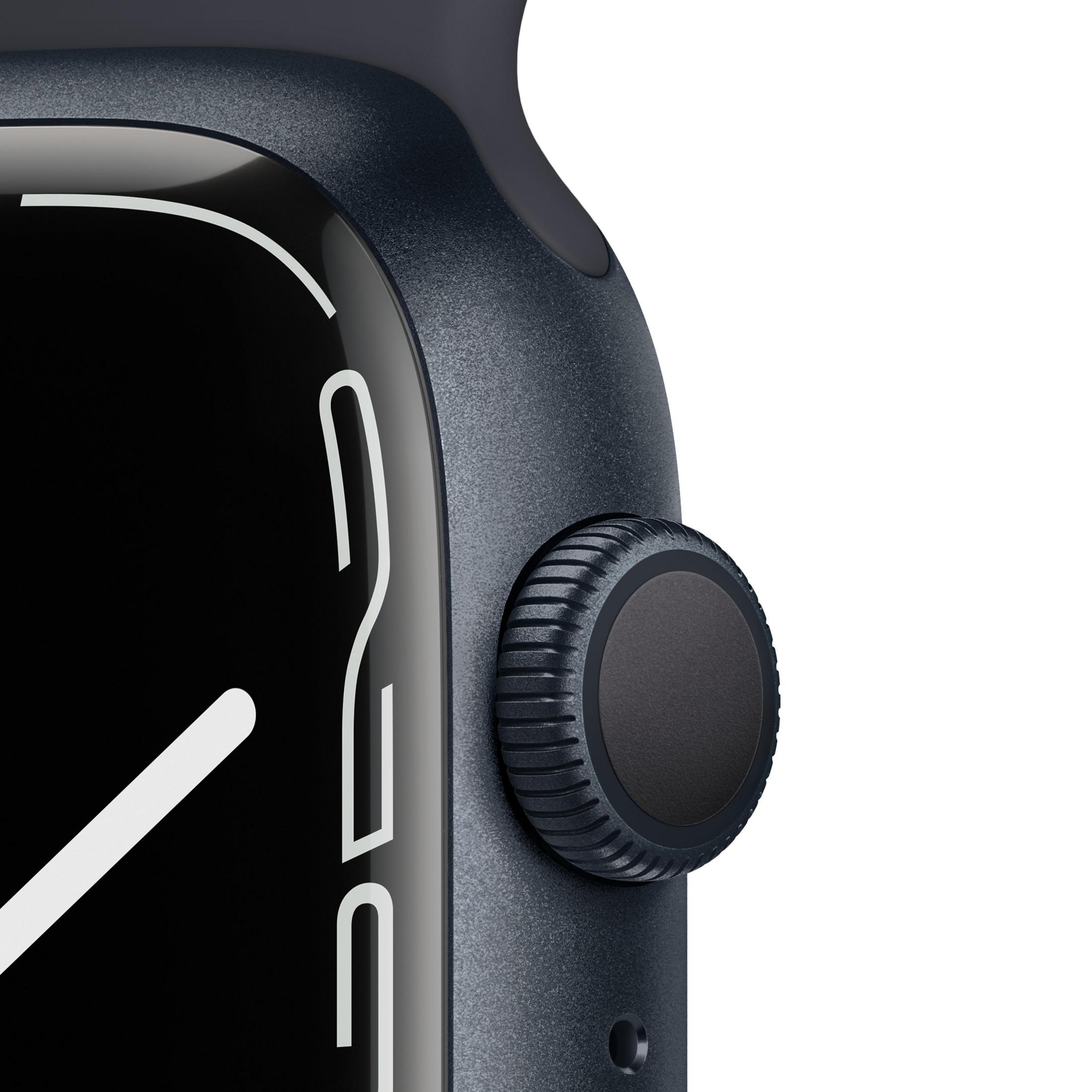 Nahaufnahme einer dunkelblauen Apple Watch. Digitale Krone und Teil des Bildschirms sind sichtbar.