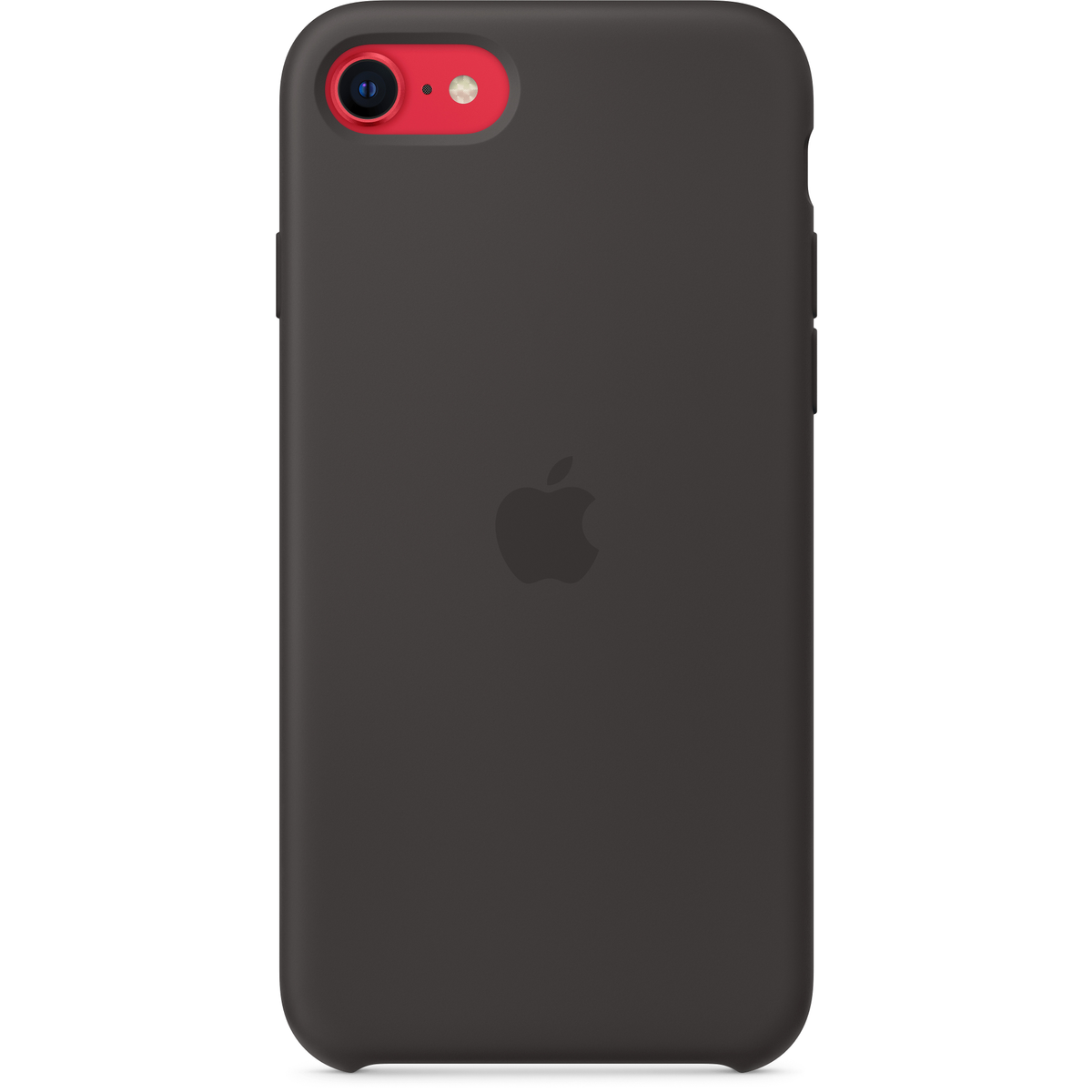 Eine schwarze Handyhülle mit Apple-Logo auf der Rückseite. Die Kameralinse ist rot.