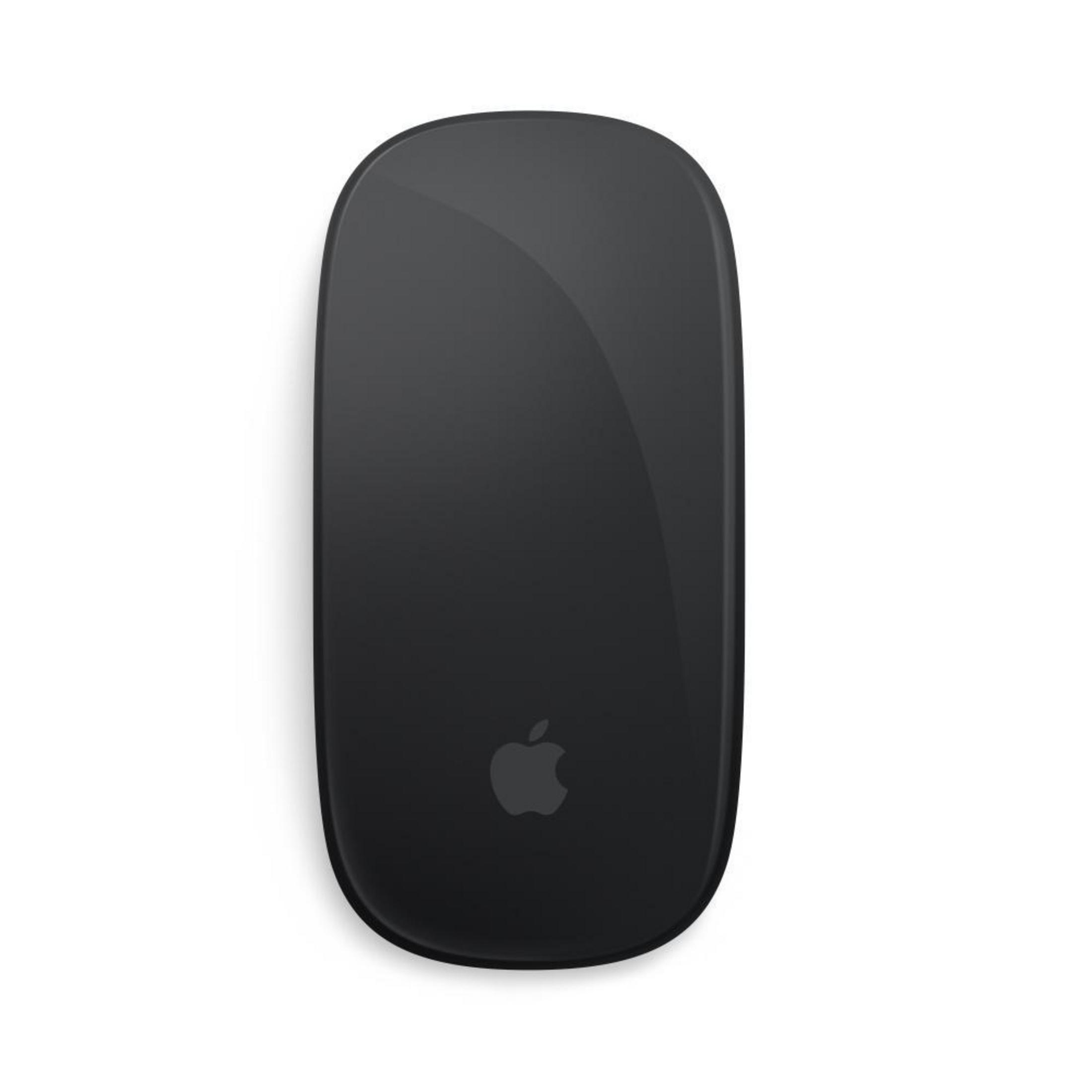 Czarna mysz Apple Magic Mouse na białym tle.