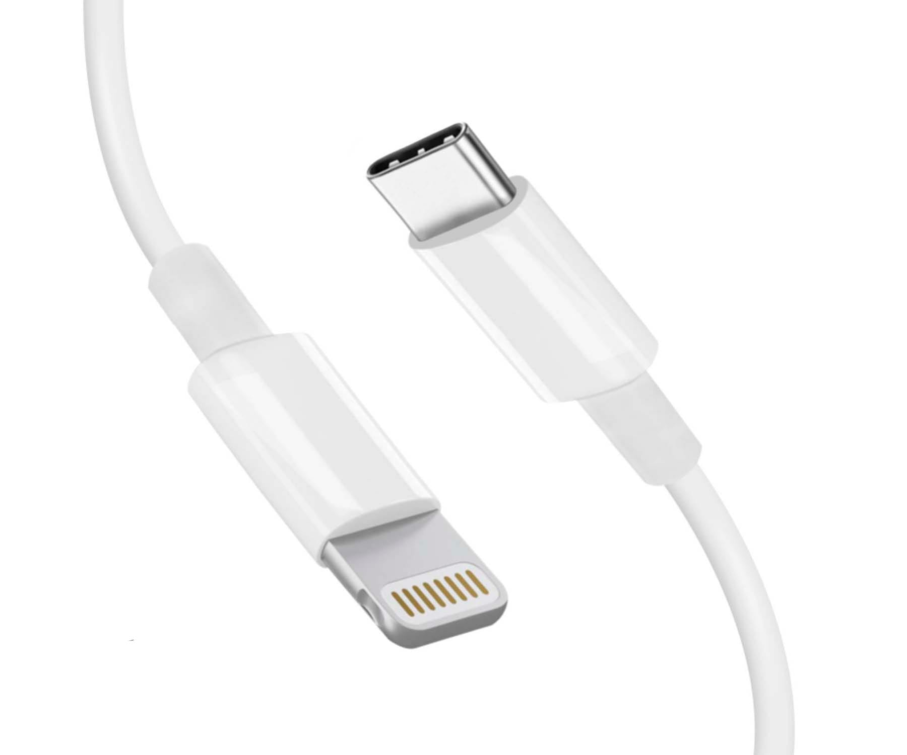 Cavo bianco da Lightning a USB-C, con connettori.
