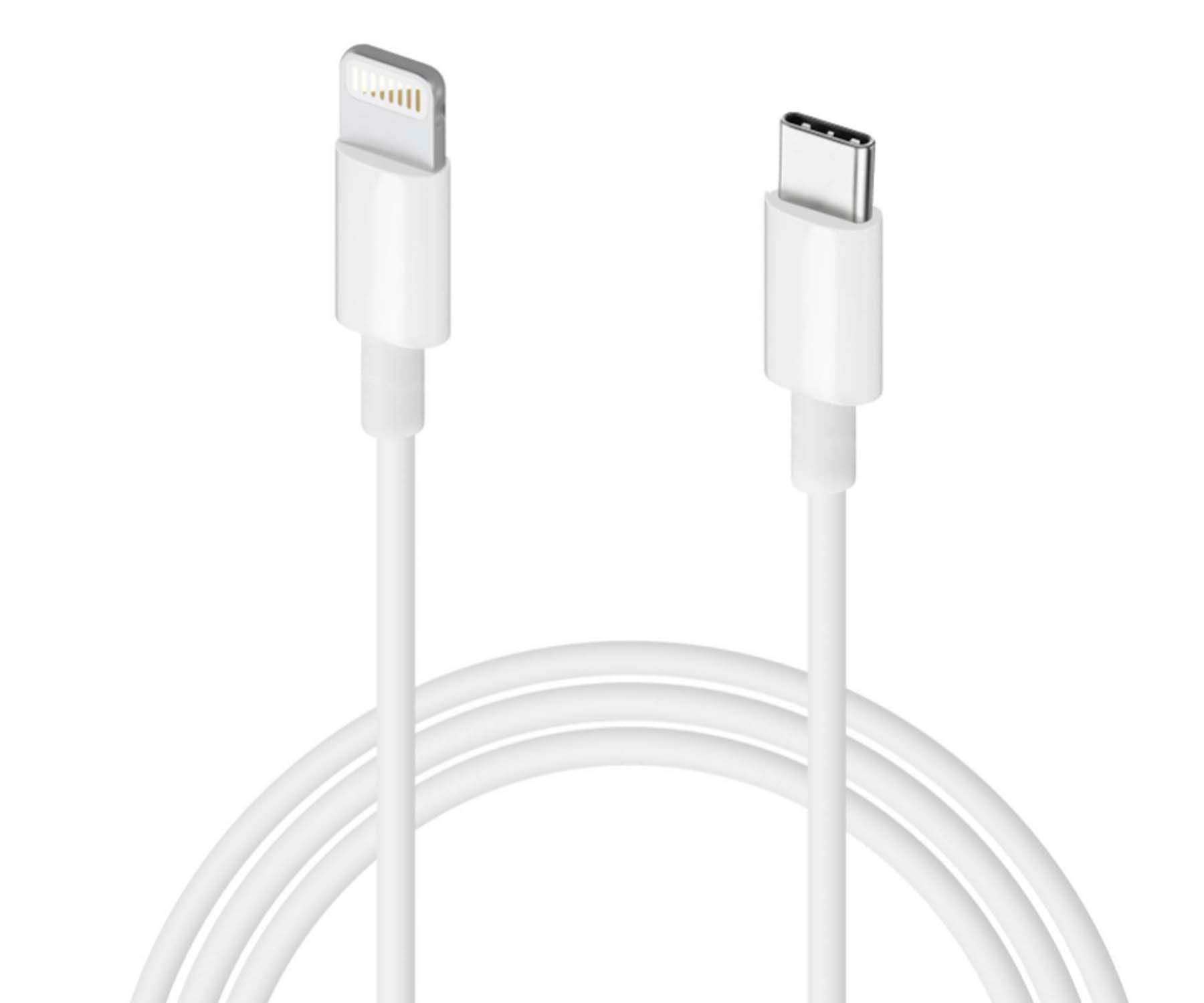 Due cavi di ricarica bianchi: uno Lightning, uno USB-C, su sfondo bianco.