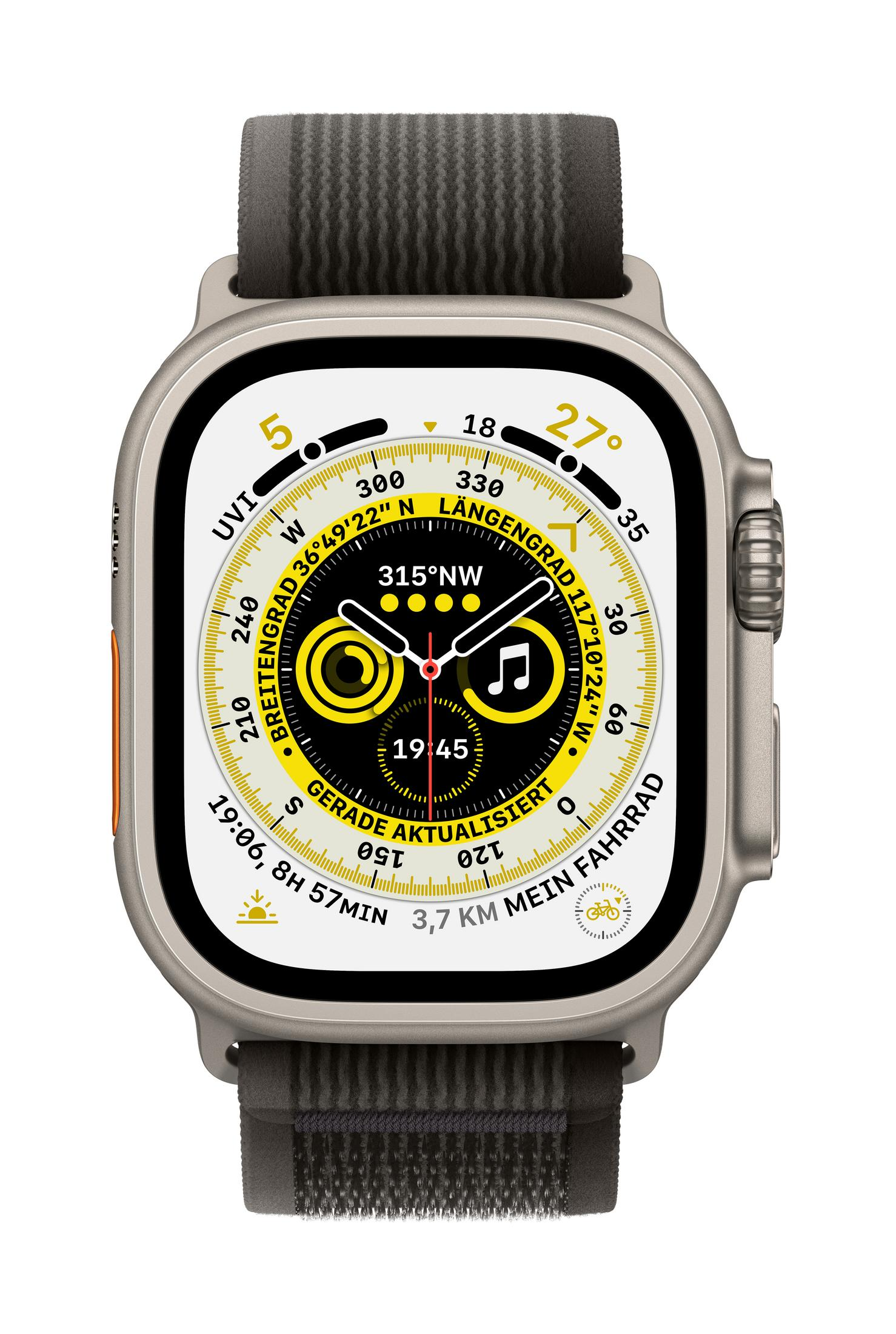 Silberne Apple Watch Ultra mit detailliertem Zifferblatt, schwarze und gelbe Elemente. Weißer Hintergrund.