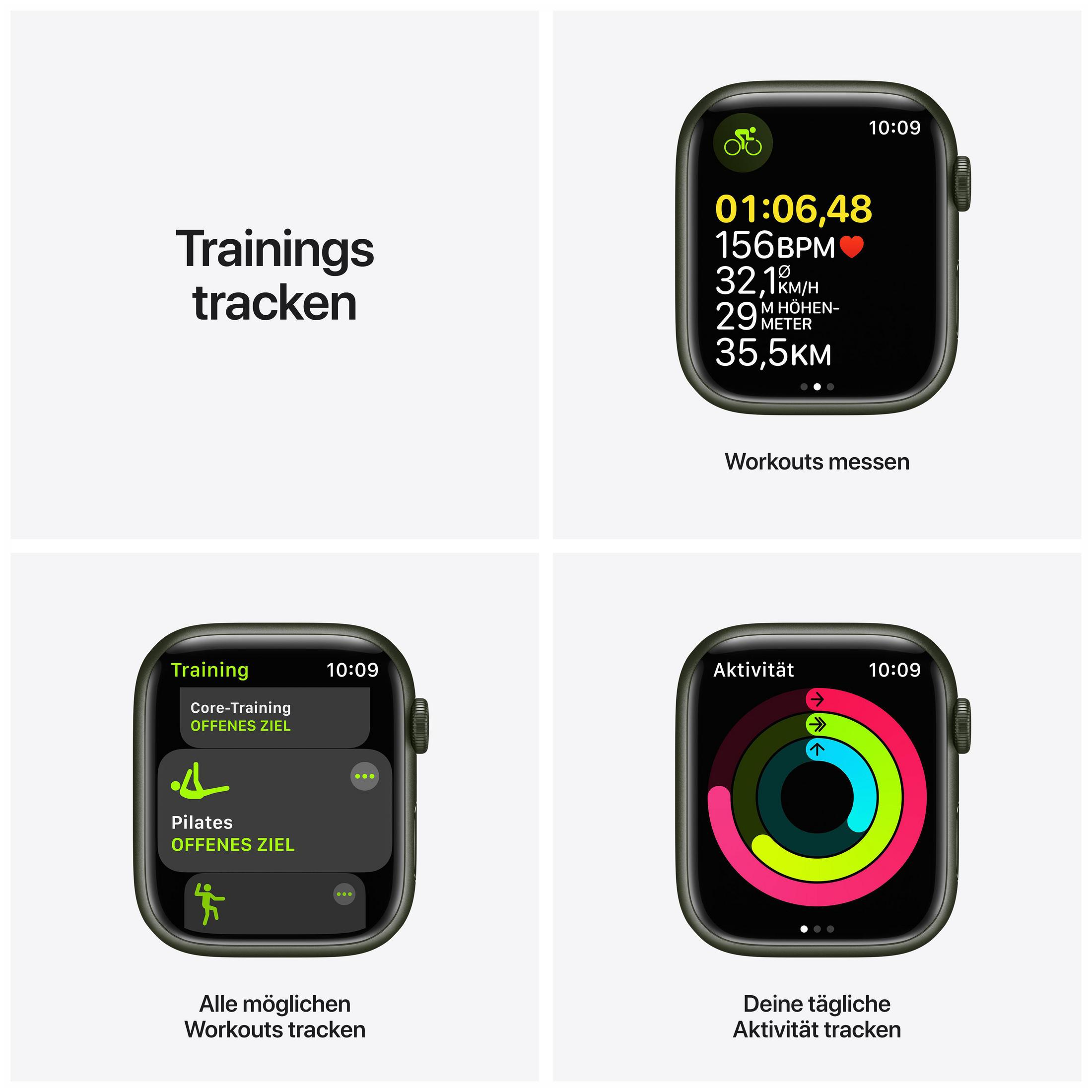 Screenshots einer Smartwatch, die Trainingsdaten anzeigt, einschließlich Zeit, Herzfrequenz und Aktivitätsverfolgung.