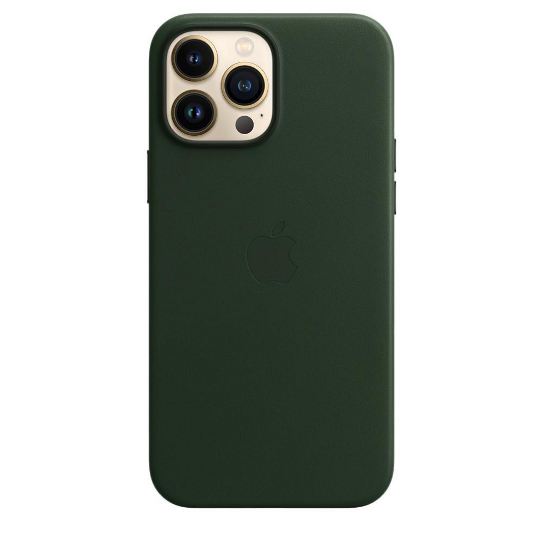 iPhone 13 Pro with a dark green leather case, showing the camera setup.
