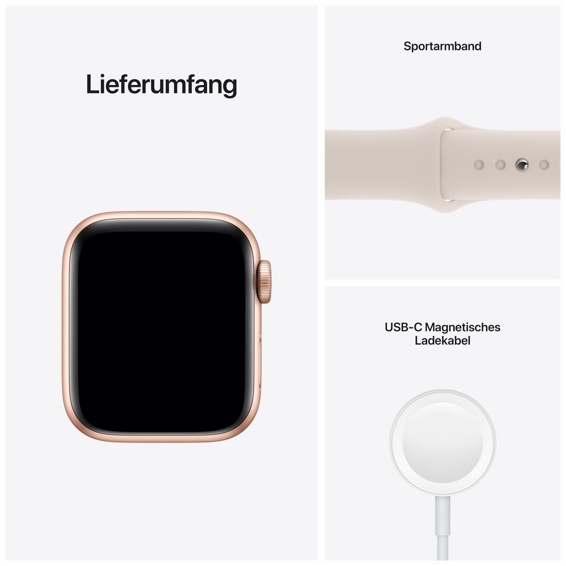 Eine Apple Watch mit goldenem Gehäuse, beigem Sportarmband und Ladekabel.