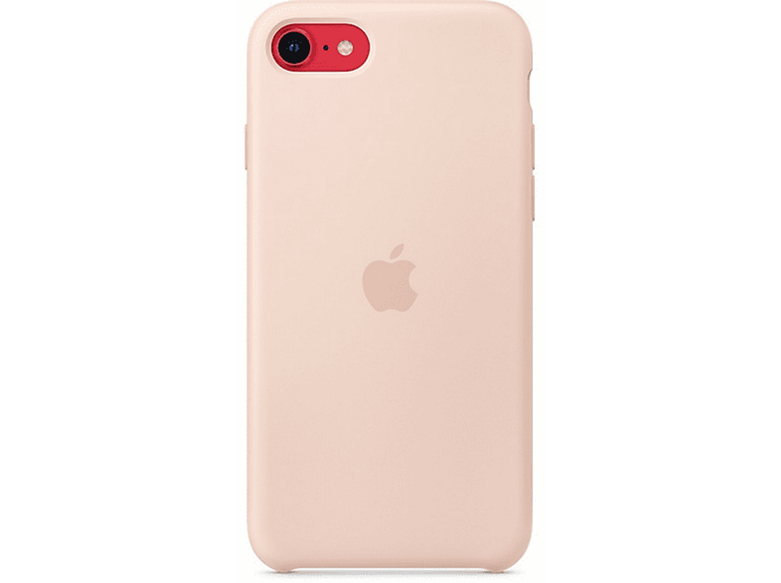 Rosa iPhone-Hülle mit rotem Kameraring und Apple-Logo.